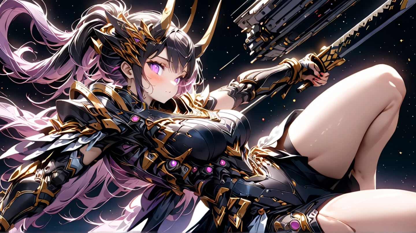 full body woman as an archangel, with black purple cyberdroid, mecha-armor, wearing a short blusher veil, messy hairdo, golden mecha-halo on top of the head, heavy Arch angel mecha-wings, visible face, big chest, bikini armor