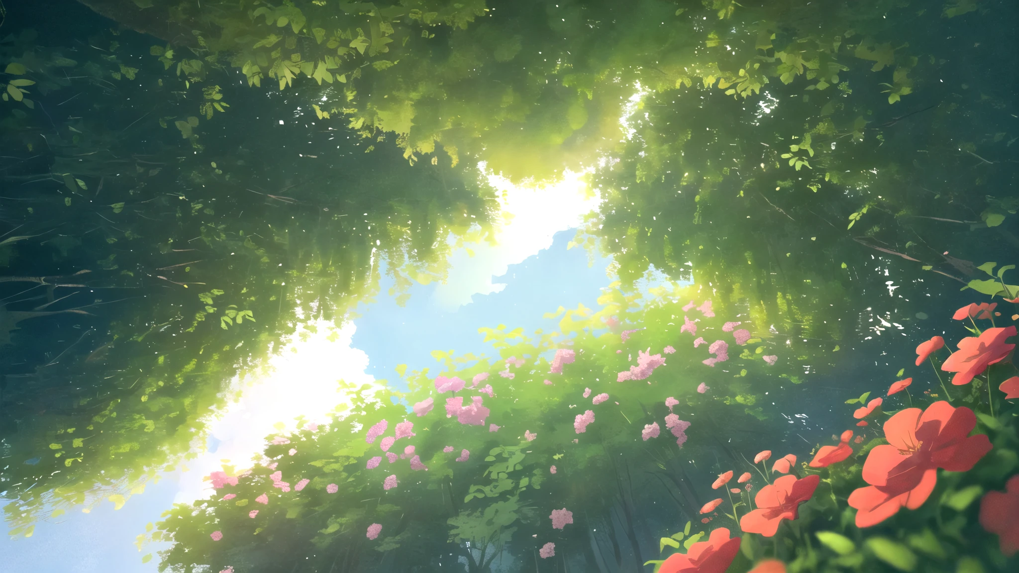 masterpiece, best quality, potg style, scenery, flowers, grasslands, from below,