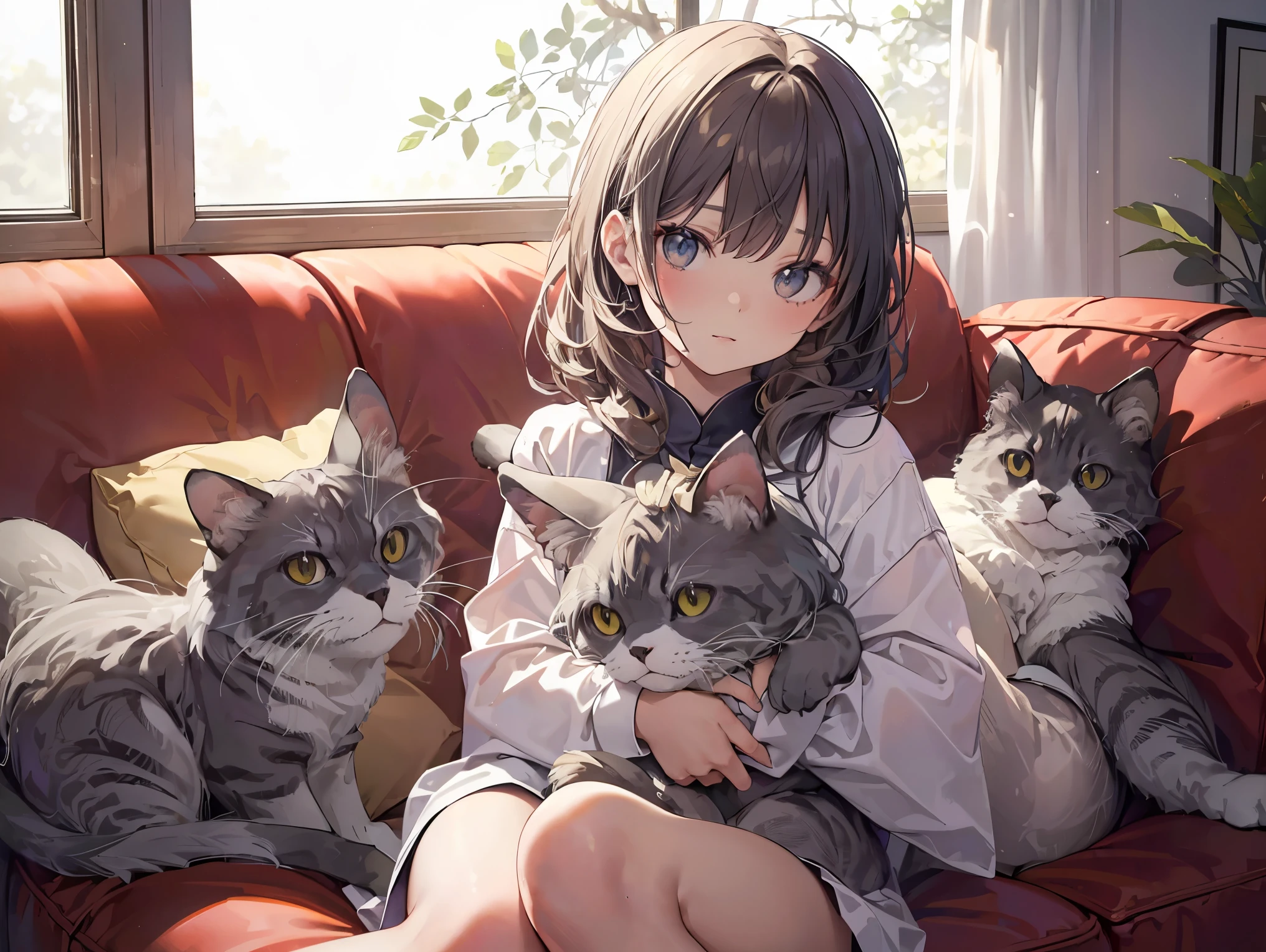 ((best quality)), ((masterpiece)), (detailed), perfect face, textured skin, ((super detail)), A girl surrounded by cats, Sitting on the sofa