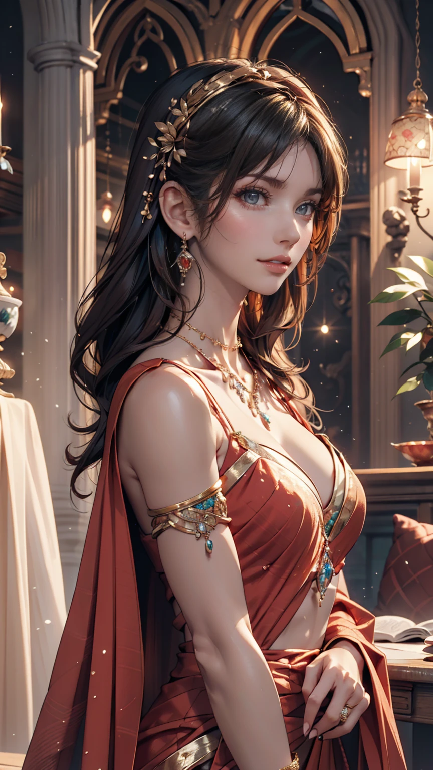 Arabian woman wearing a sari and a necklace, Complex set, Jeweled, Wearing something complicated, Elaborate jewellery, with Intricate details, Complicated costumes, Wearing elegant jewelry, Intricate details. from the front, Black Jewelry, Elaborate jewelry, high Intricate details, Hand Jewelry Model Photos, Close-up portrait, Complex beauty, Exquisite Jewelry, side view Intricate details