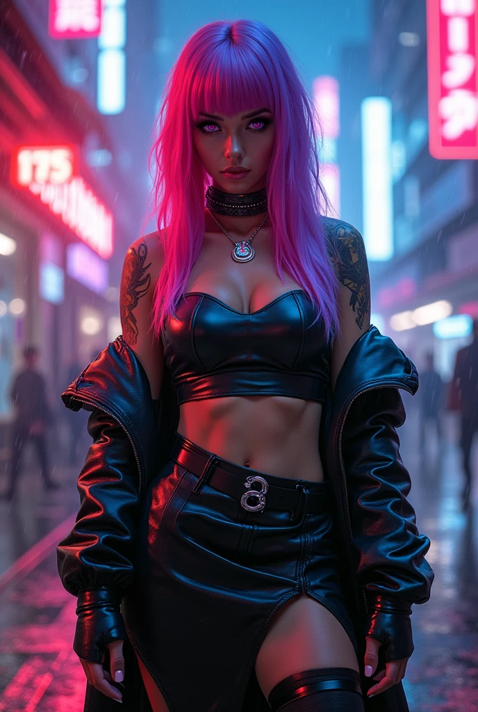 E-girl,Shocking pink hair, All naked,black jacket, neon midnight city background,Sexual tribal tattoo on top of pussy