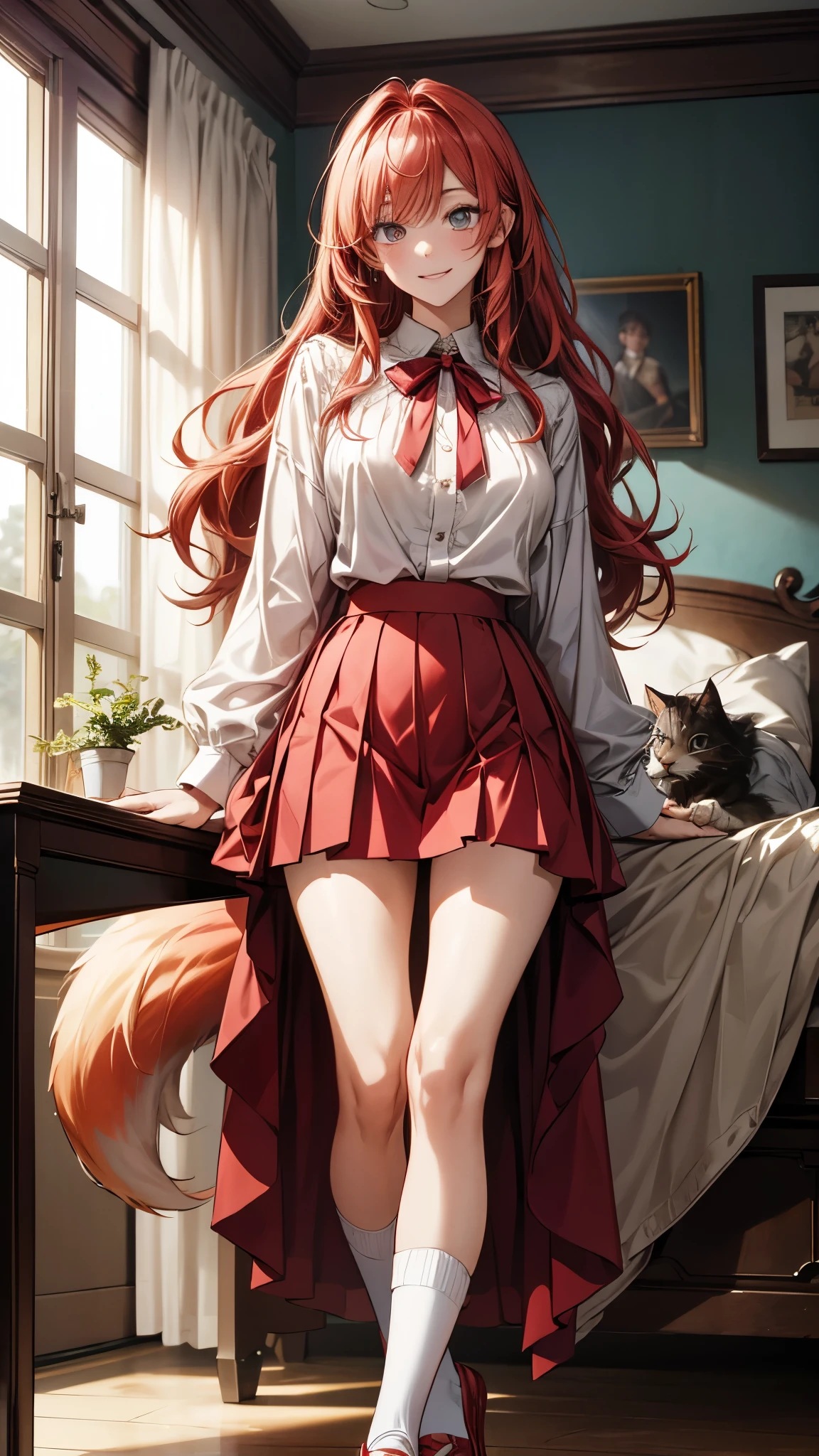 An anime-style masterpiece.  Girl with long red hair with highly detailed pointed fox ears, With a half-open white blouse and a red skirt . big breasts, A big hairy cat's tail sticking out from under her skirt.  Long legs with big white red ballerina socks. Large detailed eyes. sexy smile . Le tout dans une chambre avec son lit et son bureau en arrière plan. uncensored. Slim, black bezel,   view entirely 