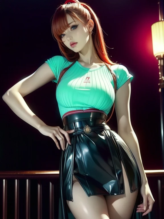 ((RAW photo), absurd, (absurdresolution)), 21 year old young woman with pinkish-red hair, hair tied up (brown string shirt posing, straight skirt, red fluffy socks), (the most beautiful girl, the prettiest sexy woman face), (cyan eyes), (standing sexy pose, very pretty, room with flashy accessories, selfie type photo), vivid, intense colors, captivating woman, light sensuality,
