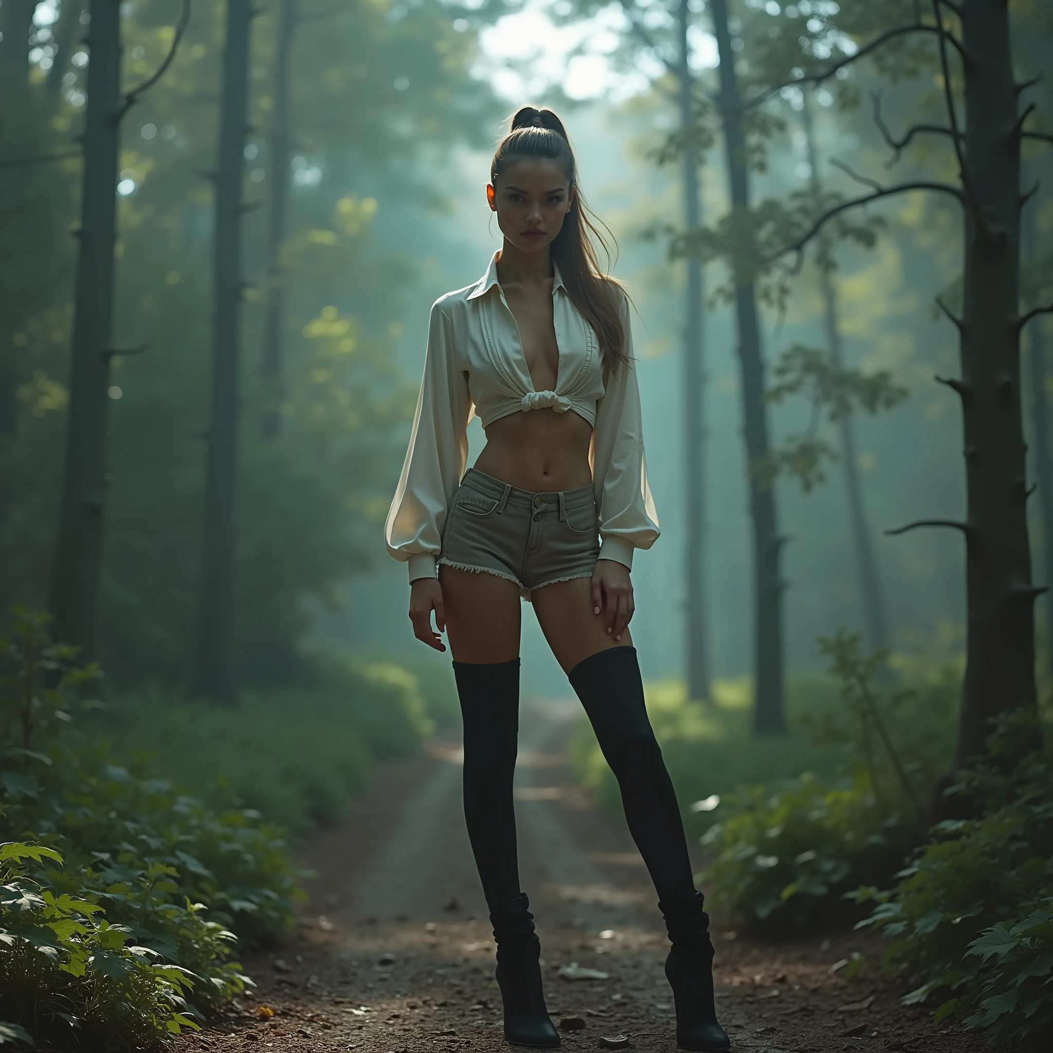 playful girl, Blonde hair, long bob , skinny, (in lace panties and leather jacket,- back to the cell,is ,back walking through the forest)Stockings,Legs in full growth, beautiful hips and legs, flirting with the camera, skin defect,,,, natural skin texture, 24 mm, 4K textures, soft cinematic light, Adobe Lightroom, a dark room, HDR, difficult, elegant, very detailed, sharp focus, ((((cinematic look)))), soothing tones, crazy details, difficult details, Super detailed, low contrast, soft cinematic light, dull colors, exposure blend, HDR, faded