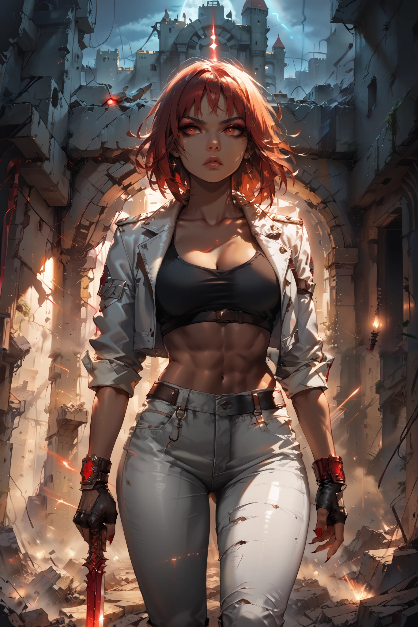 score_9, score_8_up, score_7_up, 1woman, dark skin, french bob haircut, black color with inner red color, red eyes, big chest, nice rounded ass, abs, white leather mini jacket, black crop top, grey leather pants, keychain hanging from pants, brown straps, heel boots, metal fingerless gloves, belly piercing, make up, long eyelashes, long polished nails, BREAK, a mythical creatures, dragon, invisible wires, holding a red sword, standing in the middle of ruins, castle ruins, destruction, night, starry, serious pose, serious look, holding sword with both hands, dramatic lighting, cinematic lighting