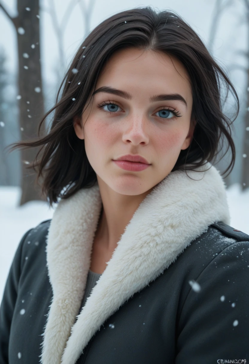 (best quality, hyperdetailed photography:1.2), beautiful lady, freckles, dark makeup, soft light, head and breast portrait, cover, (detailed beautiful face, detail skin texture, ultra-detailed body:1.1) ,((massive perfect breast)), ((snoopy breast:1.1)),((apocalyptic warrior:1.0)), strong body, red black hair, dark yellow eyes,,,,long open black coat, ((night snowfall)),