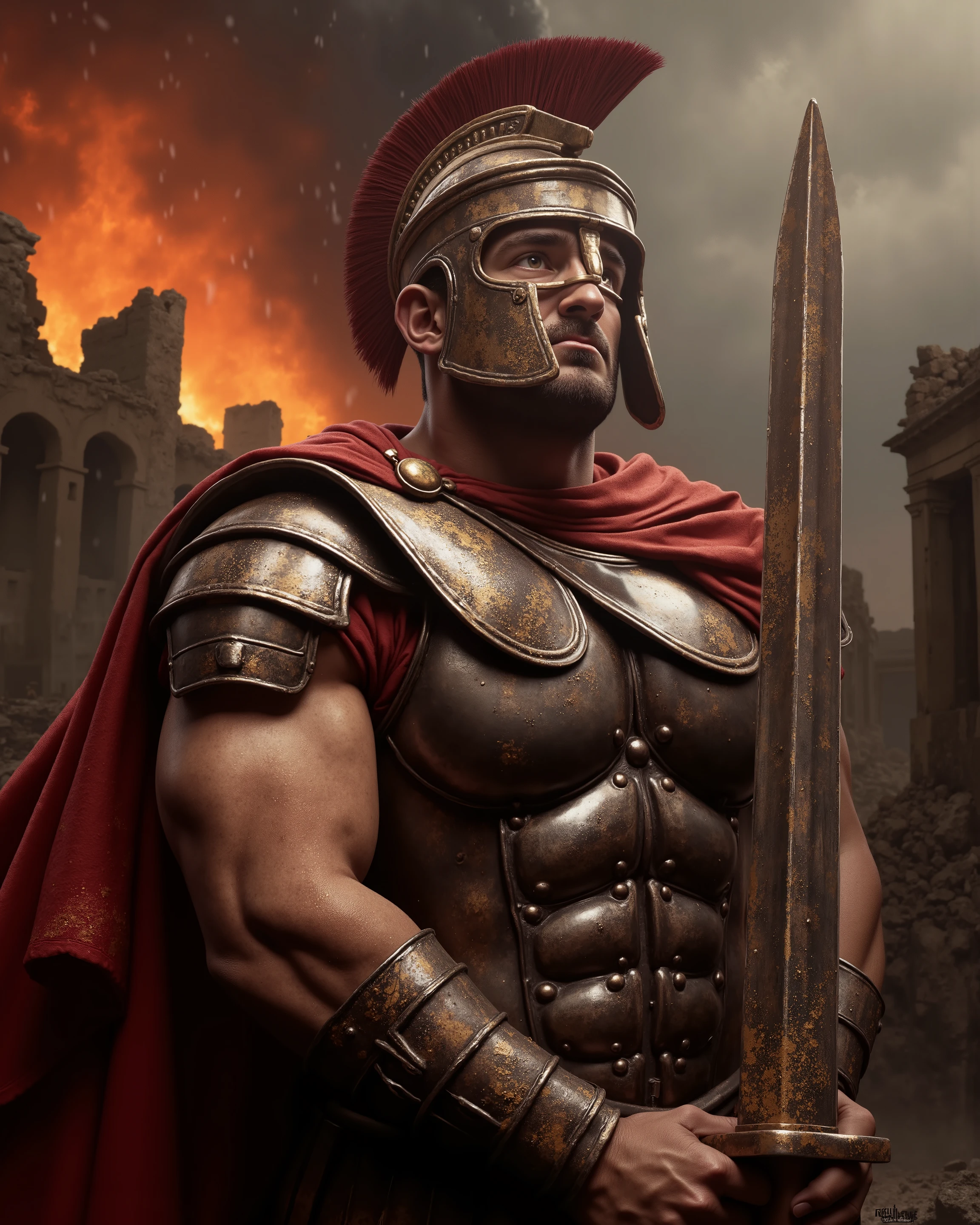 Masterpiece, Accurate, Award Winning, Best Quality, Extremely Detailed, 8K, HD, Super-Resolution, Realistic Textured Skin, F/11 Depth Of Field, Photorealistic, Full Coloured, Shot on 70mm, 5D, Shot from ceiling, ((3/4 Profile View)), ((Full Body Image)). A battle-hardened Roman soldier, clad in traditional segmented lorica armor, a crimson cape billowing behind him, and a crested galea helmet, stands amidst the crumbling streets of Pompeii. His muscular frame is tense with dread, his face illuminated by the ominous glow of molten lava and raining ash. His sharp, chiseled features are frozen in awe and horror as he gazes up at the apocalyptic eruption of Mount Vesuvius, his deep brown eyes reflecting the fiery chaos unfolding above. His strong, weathered hands grip a gladius sword tightly. The city around him is in turmoil. The air is thick with falling cinders, coating the soldier’s armor and sweat-covered skin in a layer of gray ash. His red cape, once a proud symbol of Rome, is now dust-covered and tattered at the edges. Despite the chaos, the soldier remains rooted in place, his stance unyielding. His gaze stays locked onto the heavens, watching as a monstrous plume of smoke and fire rises higher into the sky, blotting out the sun.