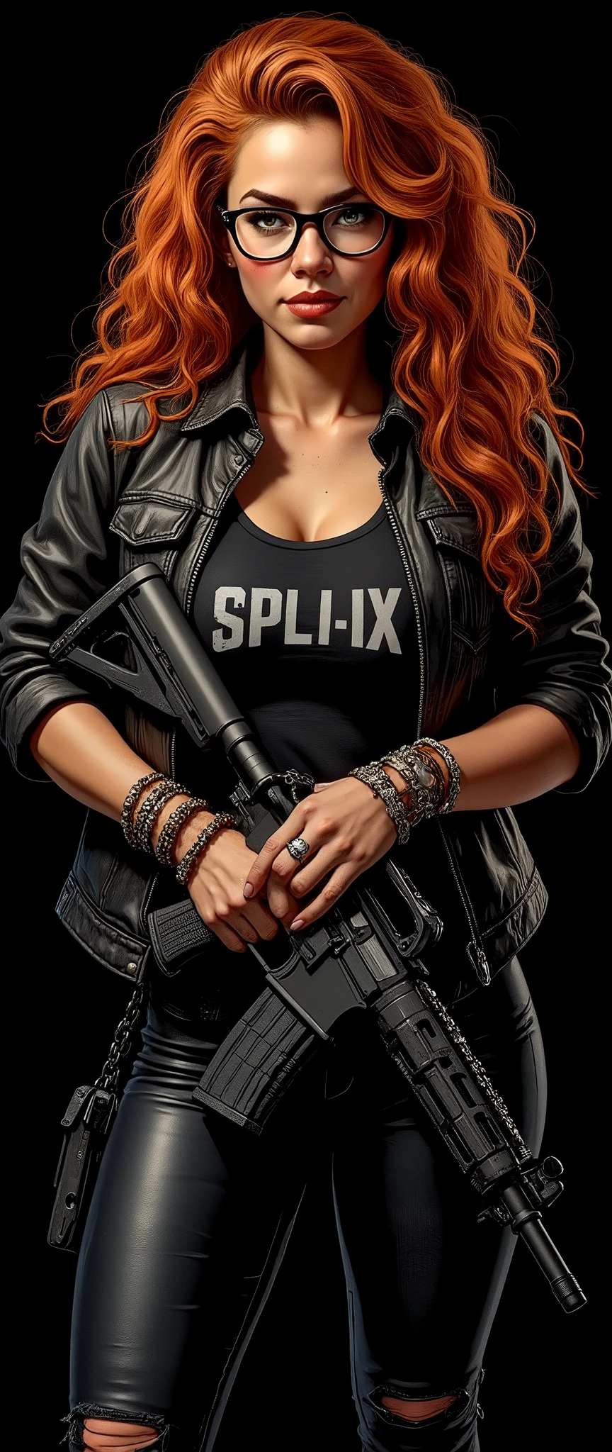 ((artwork, highest quality, Highest image quality, high resolution, photorealistic, CRU photo, 8k)),(best quality, 4k, high resolution, masterpiece: 1.2), ultra detailed, (realistic, photorealistic: 1.37), ray tracing, image of a girl, very pretty, pure black background ideal for wallpaper, extra detailed body, extraordinarily sensual, very expressive, seductive face. She is wearing metal framed reading glasses, she is listening to music with headphones on her head, her arms are crossed on her chest. She is wearing a heavy metal leather jacket with the sleeves rolled up, a leather choker with a ring, under the jacket a black t-shirt with a metal music band logo, large chest, tight black leather pants with chains, black sneakers, many bracelets on both arms, silver skull ring on her hand, very detailed skin, The woman is beautiful and radiant, strong, powerful, sun-kissed brown skin, blush on her cheeks, she is freckled, very long, curly and disheveled orange-red hair that falls to her chest, very detailed, layered hair with bangs. Very expressive dark green eyes, long eyelashes, thick, moist and pink lips. She smiles warmly and sensually at the camera. He is standing in front of the camera leaning his shoulder. In his hands he holds an AR15 assault rifle with an X4 reflex sight and a silencer. Pure black background ideal for wallpaper, cold lights, cinematic lighting, dark colors, photorealistic, 8k, ultra detailed, masterpiece, comic cover, illustration, HDR-10, Ultra High Definition, studio lighting, ultra fine painting, sharp focus, physical representation, extremely detailed description, professional, vivid colors, concept art.