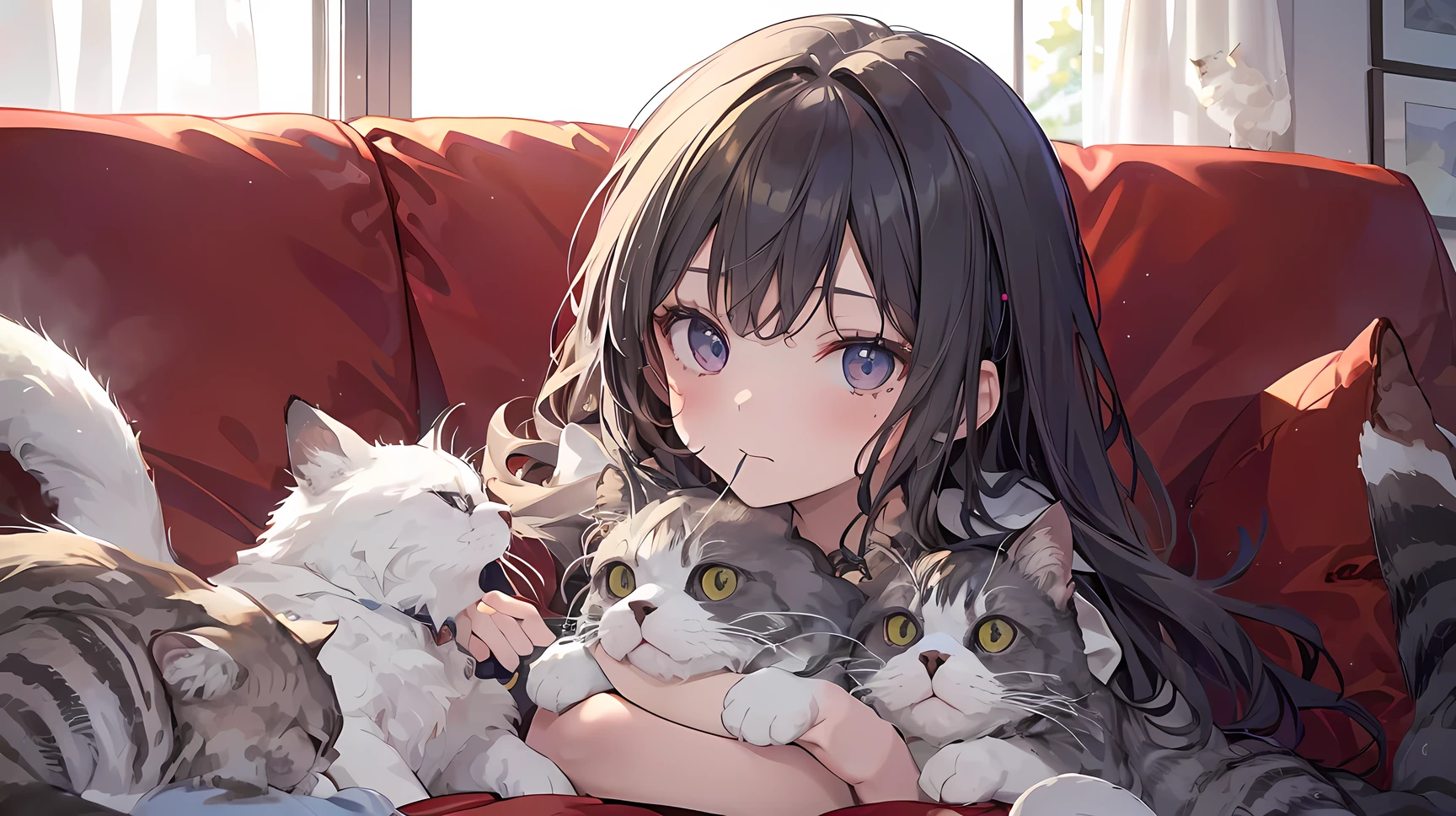 ((best quality)), ((masterpiece)), (detailed), perfect face, textured skin, ((super detail)), A girl surrounded by cats, Sitting on the sofa