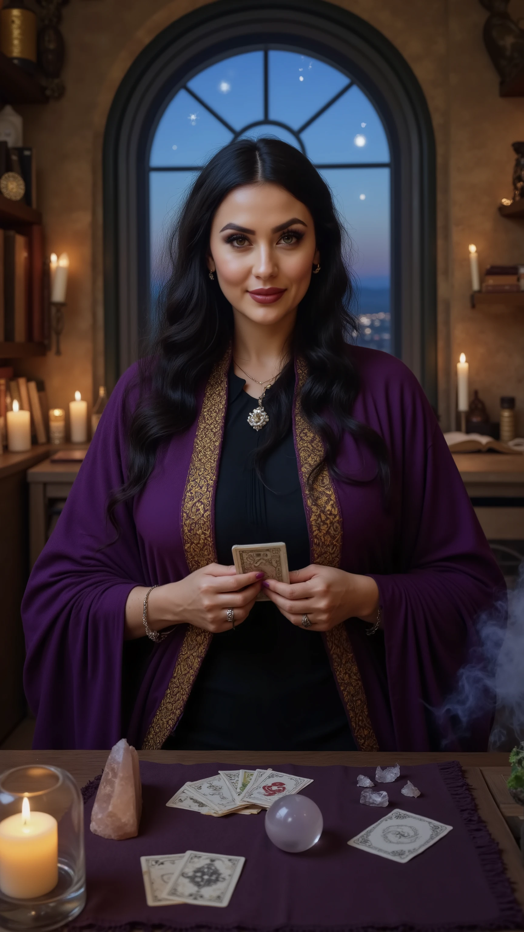  A mysterious and captivating fortune teller in a mystical setting .  The fortune teller is a woman of about 40 years old ,  with dark and wavy hair falling on her shoulders Bros , } wearing a deep purple and gold shawl over a dark flowing dress .  She has penetrating green eyes and an enigmatic smile ,  holding a tarot deck in her hands .  The scene is illuminated by a soft candle light , and around it,  there are elements of mysticism :  crystals, A CRYSTAL BALL,  incense smoke that melts into the air and shelves filled with old books and mystical objects.  The background shows a starry sky through an arched window ,  and the air is charged with magic and mystery . The atmosphere is warm , mystical and enchanting ,  dominated by shades of deep purple , dark blue and gold .