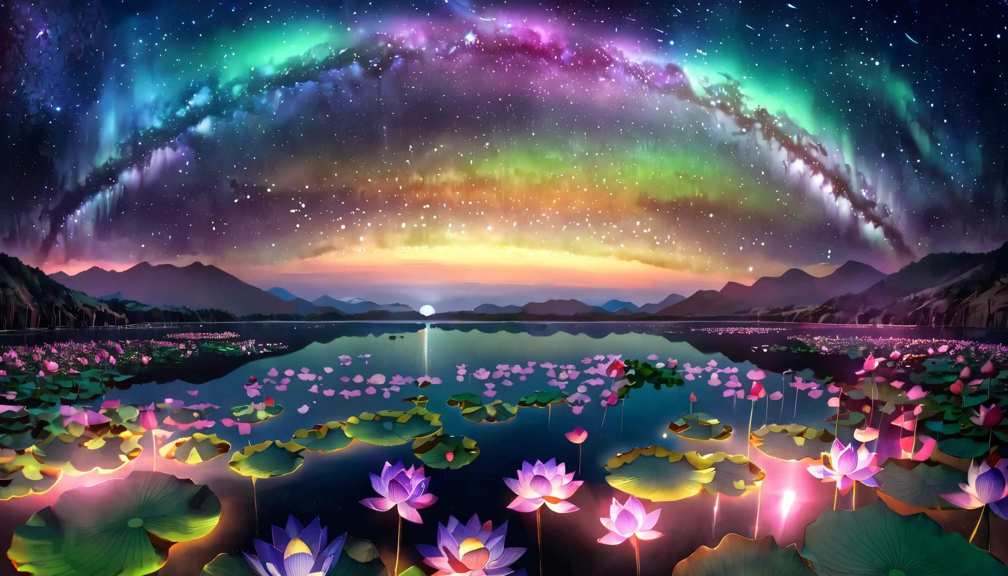 超 high image quality, high image quality, high quality , Spectacular Scenery , Magnificent Pure Land of Paradise ,((Heavenly world)),((( A large group of huge and very beautiful lotus flowers that fill the surface of the lake))),(((There are 100000 lotus flowers on the surface of the lake))),((Large groups of overlapping realistic lotus flowers)),((A gorgeous lotus flower that multiplies infinitely)), ((( Realistic Lotus Petals See-Through))),((( Beautiful Digital Painting ))),(((眩い程Shine夕日))),( Composition taken with a fisheye lens ),一部にstar空, Milky Way, star, star屑, Milky Way, 流star, Stargazing , horizon , silhouette ,Beautiful Mountain々, ((( A lake with so many lotus flowers blooming))),((( A large group of huge and very beautiful lotus flowers that fill the surface of the lake))),((( mystical atmosphere ))), Beautiful Sunset , green, purple , black, Darkness, Shine, Majestic Atmosphere, Depth, Superb view from above , silence, Awe, hope, Romance, timelapse, astrophotography,beautiful, landscape, Andreas Rocha, Beautiful Artistic Pictures , Real Scenery , The brilliance of the auroras ,湖面にstar空が映る,