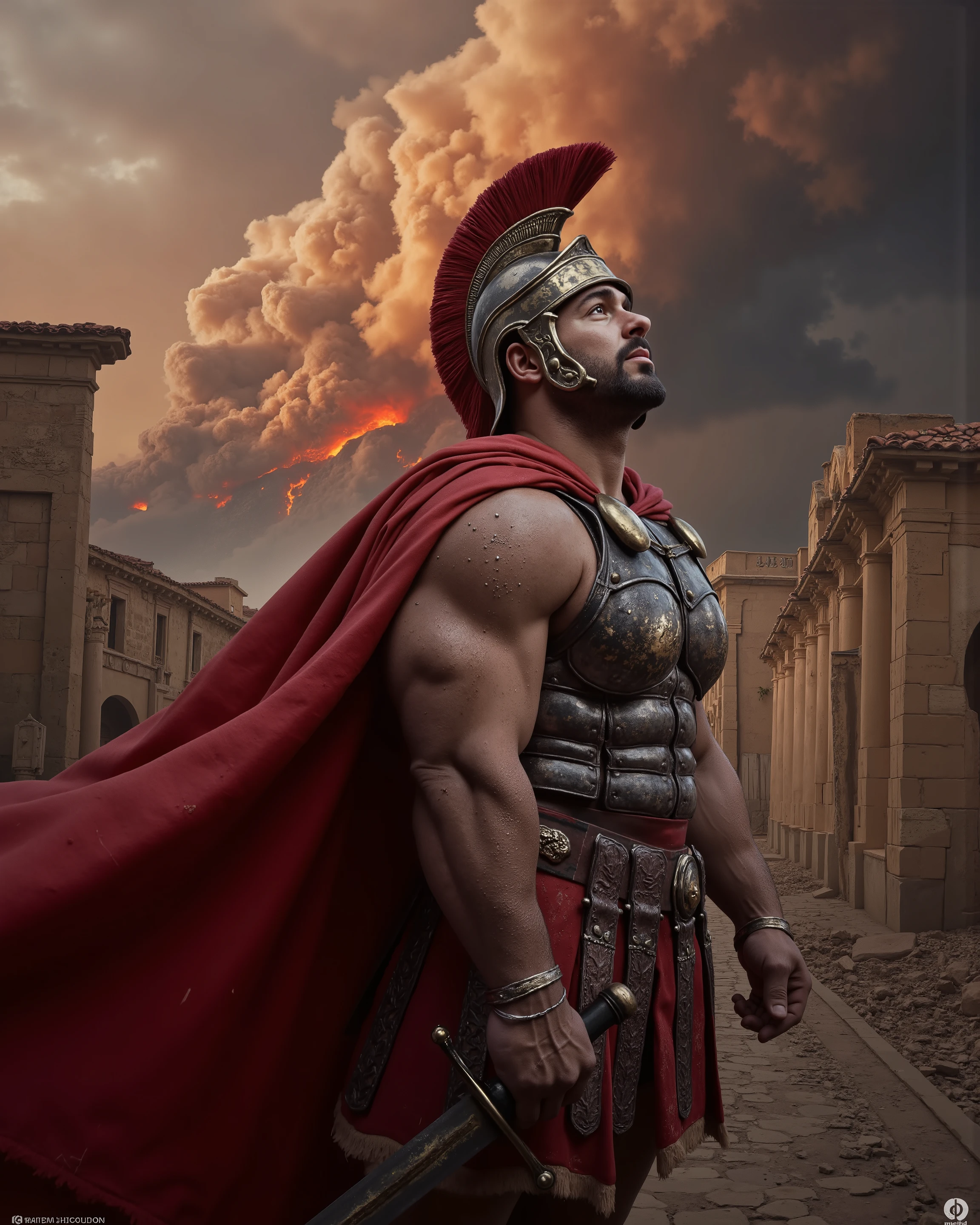 Masterpiece, Accurate, Award Winning, Best Quality, Extremely Detailed, 8K, HD, Super-Resolution, Realistic Textured Skin, F/11 Depth Of Field, Photorealistic, Full Coloured, Shot on 70mm, 5D, Shot from ceiling, ((3/4 Profile View)), ((Full Body Image)). A battle-hardened Roman soldier, clad in traditional segmented lorica armor, a crimson cape billowing behind him, and a crested galea helmet, stands amidst the crumbling streets of Pompeii. His muscular frame is tense with dread, his face illuminated by the ominous glow of molten lava and raining ash. His sharp, chiseled features are frozen in awe and horror as he gazes up at the apocalyptic eruption of Mount Vesuvius, his deep brown eyes reflecting the fiery chaos unfolding above. His strong, weathered hands grip a gladius sword tightly. The city around him is in turmoil. The air is thick with falling cinders, coating the soldier’s armor and sweat-covered skin in a layer of gray ash. His red cape, once a proud symbol of Rome, is now dust-covered and tattered at the edges. Despite the chaos, the soldier remains rooted in place, his stance unyielding. His gaze stays locked onto the heavens, watching as a monstrous plume of smoke and fire rises higher into the sky, blotting out the sun.