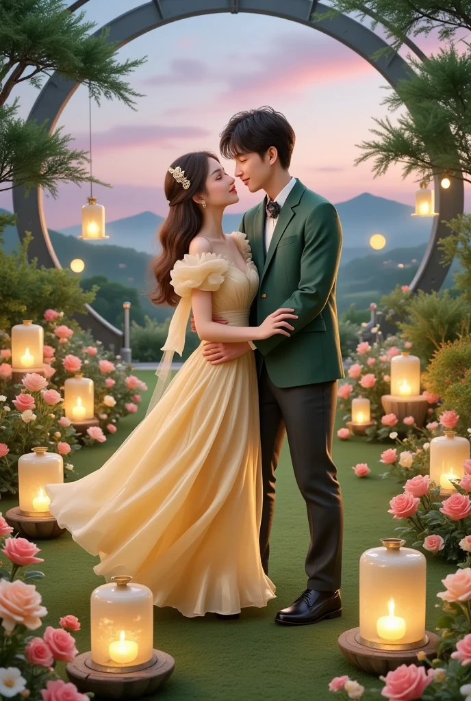 Share a romantic dance , Valentine's Day,一对情侣在迷人的garden中心跳浪漫的舞蹈. The scene is illuminated by floating candles and lanterns , projects a warm , Gently. garden , From the delicate petals of the flower to the verdant leaves , The intricate details are presented in amazing 8K resolution . The couple, Indulge in your arms , Exudes deep love and connection . The atmosphere is full of fantastic magic , The surroundings are highlighted by soft light and serene beauty .