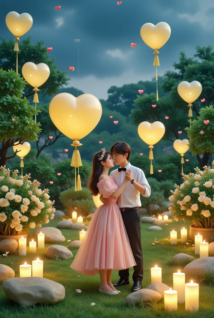 Share a romantic dance , Valentine's Day,一对情侣在迷人的garden中心跳浪漫的舞蹈. The scene is illuminated by floating candles and lanterns , projects a warm , Gently. garden , From the delicate petals of the flower to the verdant leaves , The intricate details are presented in amazing 8K resolution . The couple, Indulge in your arms , Exudes deep love and connection . The atmosphere is full of fantastic magic , The surroundings are highlighted by soft light and serene beauty .