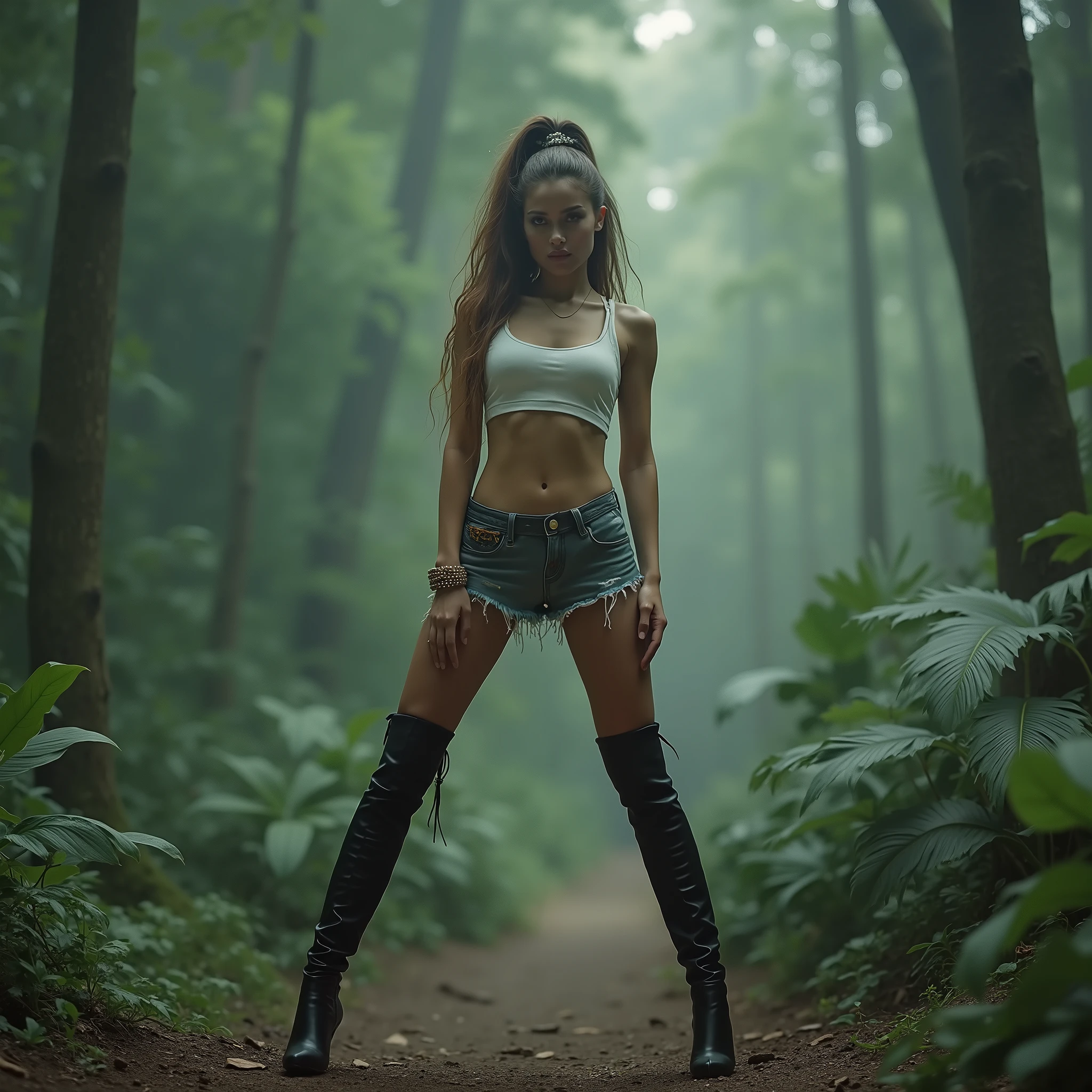 quality photo of young nice woman in white boots and a white top posing for a picture, wearing a camisole and boots, high boots,  wearing shorts,  look, jeans micro-skirt and knee high black stocks, jeans short skirt, wearing a  cropped top, kneehigh stocks, dressed in a beautiful white top, fashion model, very  outfit, long ponytail legs are shoulder-width apart, goddess of the hunt, looking majestic in forest, full body height, cinematic goddess body shot