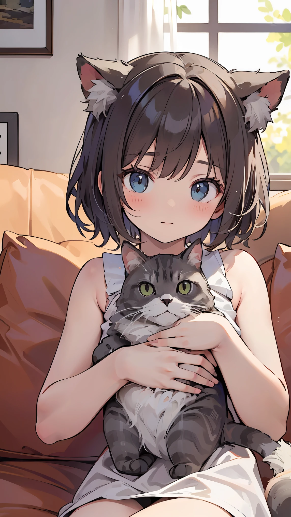 ((best quality)), ((masterpiece)), (detailed), perfect face, textured skin, ((super detail)), A girl surrounded by cats, Sitting on the sofa