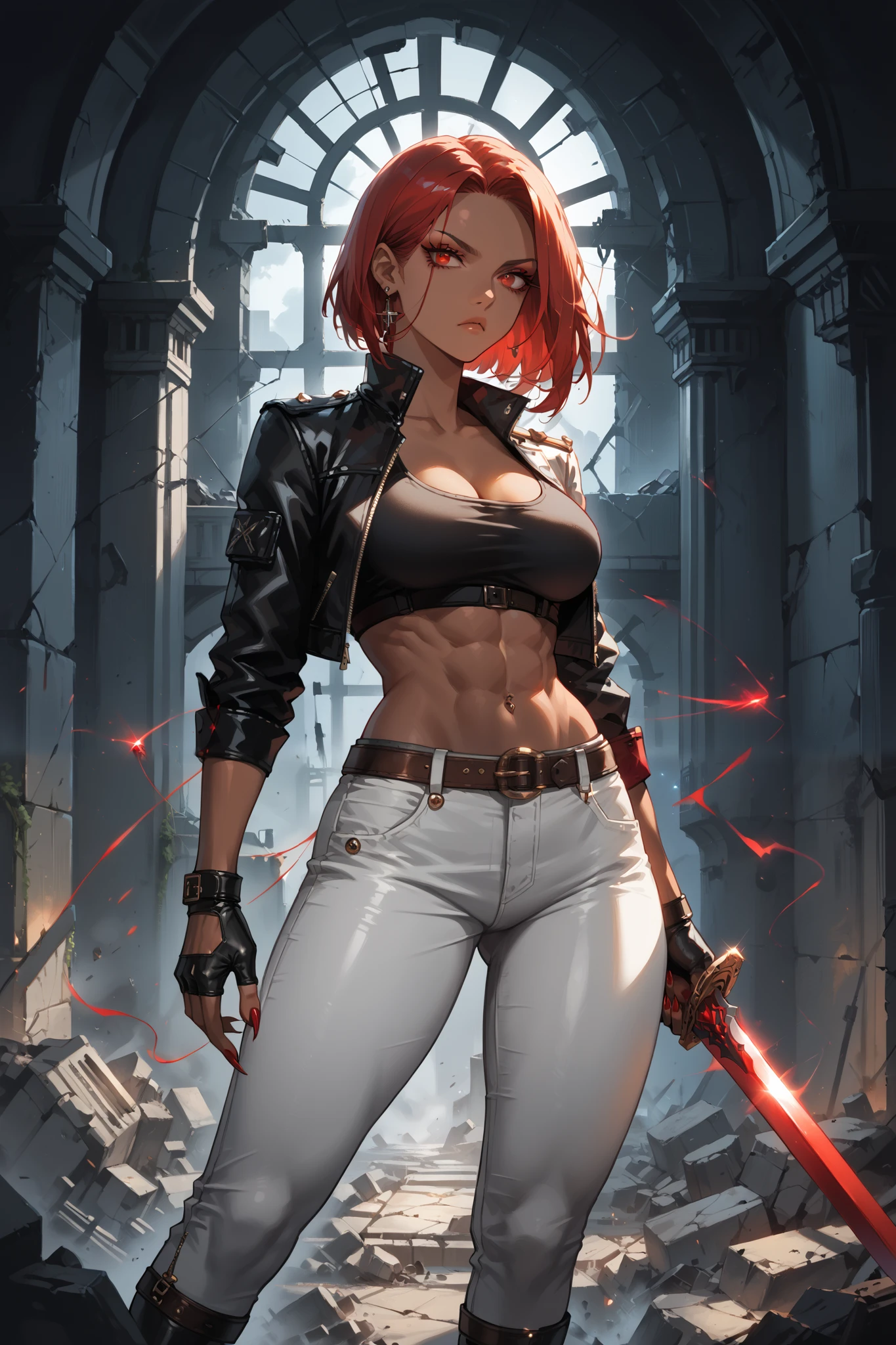 score_9, score_8_up, score_7_up, 1woman, dark skin, french bob haircut, black color with inner red color, red eyes, big chest, nice rounded ass, abs, white leather mini jacket, black crop top, grey leather pants, keychain hanging from pants, brown straps, heel boots, metal fingerless gloves, belly piercing, make up, long eyelashes, long polished nails, BREAK, a mythical creatures, dragon, invisible wires, holding a red sword, standing in the middle of ruins, castle ruins, destruction, night, starry, serious pose, serious look, holding sword with both hands, dramatic lighting, cinematic lighting
