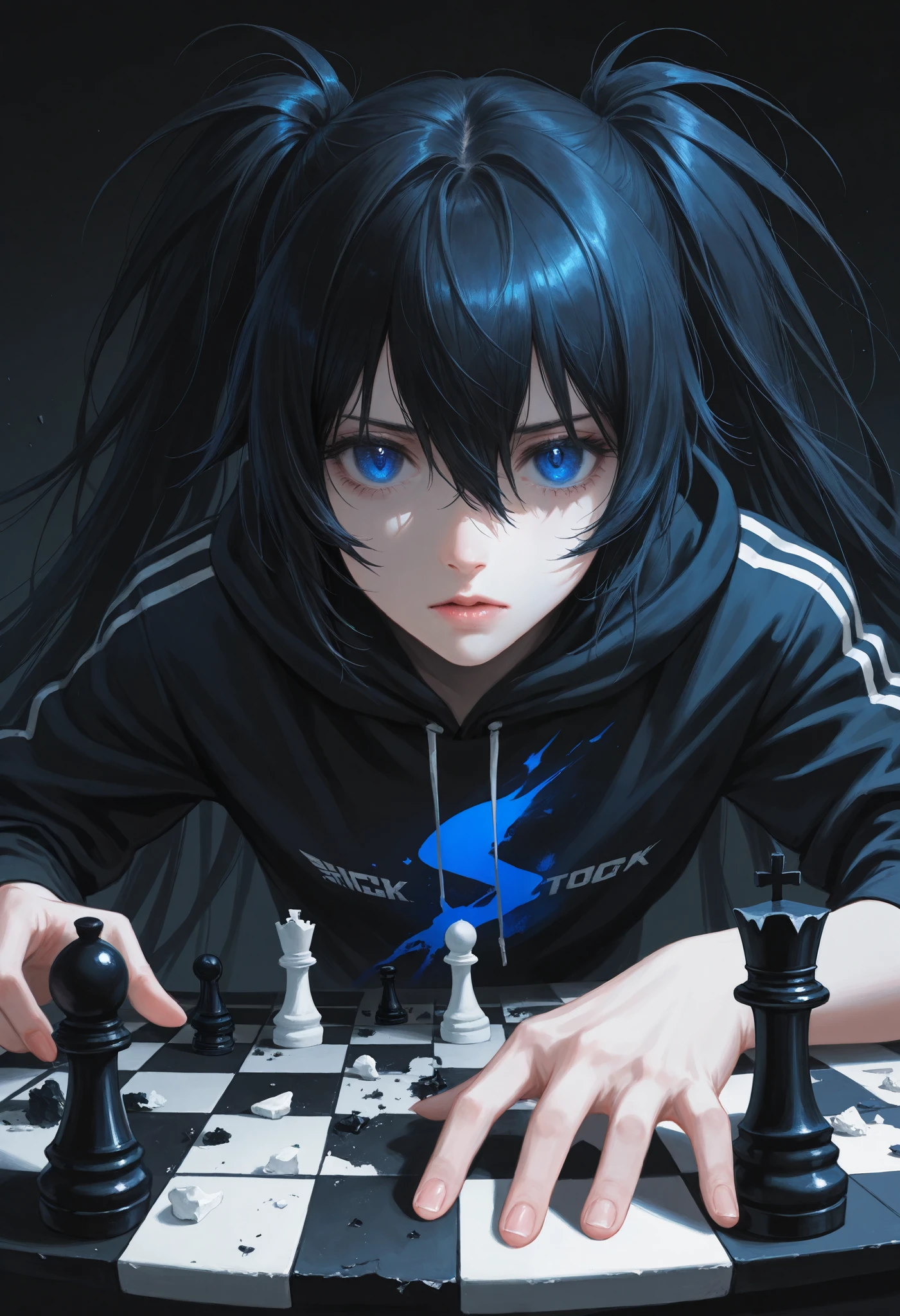 masterpiece,best quality,amazing quality,very aesthetic,absurdres,newest,(dino_(dinoartforame):0.5),(yoneyama mai:0.5),(Yomu:0.3),(quasarcake:0.4),(wlop:0.3),dark,black_rock_shooter_(character),black_rock_shooter,1girl,black_hair,blue_eyes,newest,year 2024,year 2023,very aesthetic,absurdres,A shot with tension,(Visual impact,giving the poster a dynamic and visually striking appearance),impactful picture,offcial art,colorful,splash of color,movie perspective,from_above,chessboard,broken pieces,