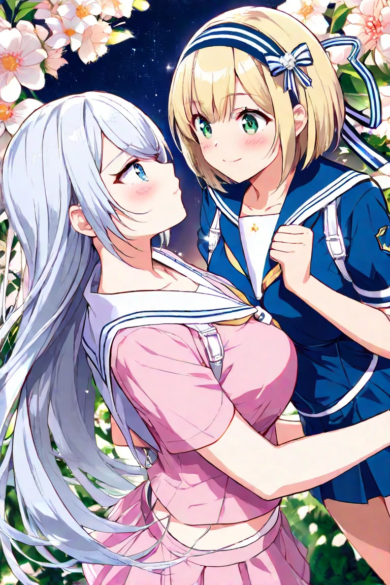 2 girls fighting back、 Dutch Angle、Deep Kiss、 blush、( long hair、chest、 green eyes、Big Breasts、 blond hair、A pair of ribbons on the left and right on the hair)、( Silver Hair、hair band style ribbon、 blue eyes、 small tits、Short hair up to the shoulders)、flower、 starry sky 、 sailor suit、Pale pink outfit、 miniskirt