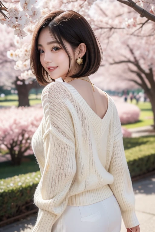I'm watching the cherry blossoms under the cherry tree, like an idol,Big Breasts, Gold, Gold bob cut from behind, laughing,I'm wearing a knitted sweater, HIDDEN HIGHLIGHTS , bright daytime , I'm wearing cute earrings,I'm wearing a necklace , bob cut from behind, perfect style, 23 years old, Rounded outline, round face, realistic images, big eyes , REAL DETAILS , long eyelashes, smile,I'm wearing a detailed , Mr.々 Poses , realistic hair, thin body shapes