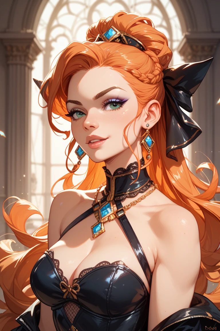 (masterpiece:1.4), (best quality:1.4), fantasy, extremely detailed, complex, Hyper Detailed, illustration,Soft lighting, 1 Girl, Orange Hair_flower, skirt, bending_Exceed , Grin, (perfect_Face),