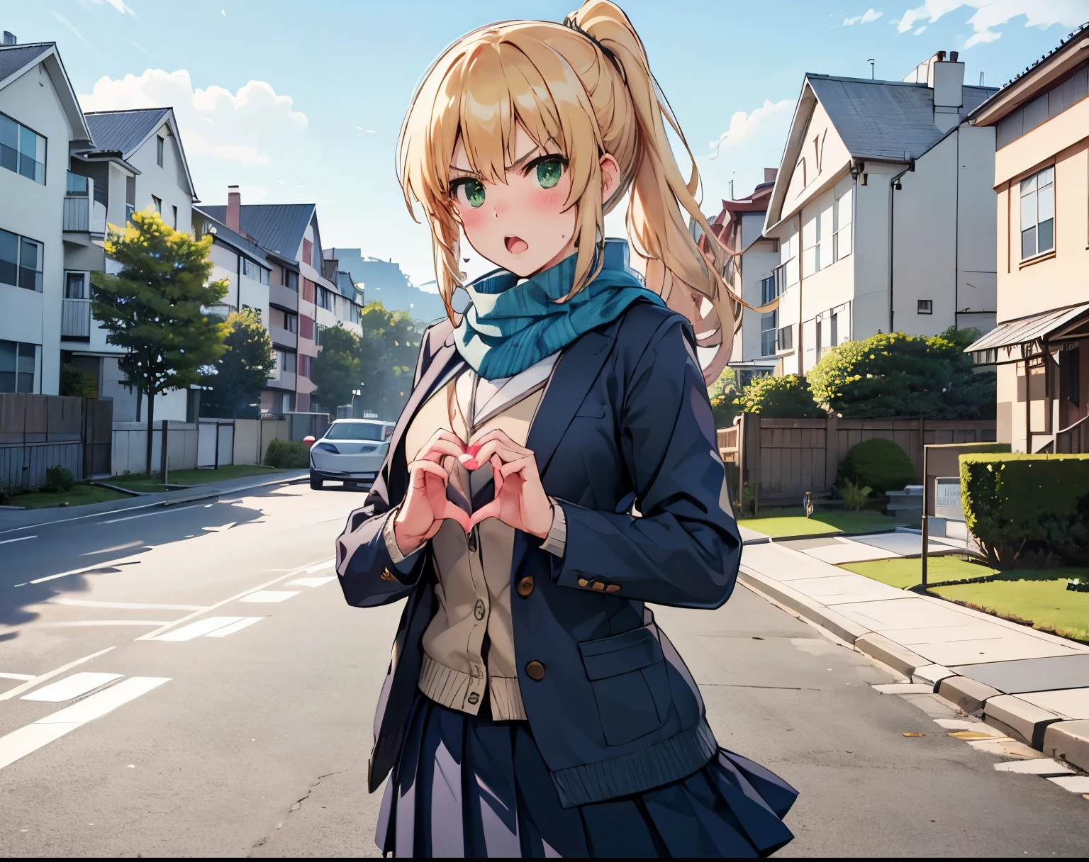 ブロンド blonde long hair green eyes ponytail cute girl high school girl pleated skirt、 beige cardigan navy blue blazer Large scarf Hi-Res, accurate, top quality, 解剖学的に accurate, residential area Outdoors making a heart with hands I'm embarrassed blush get angry bellow open your mouth