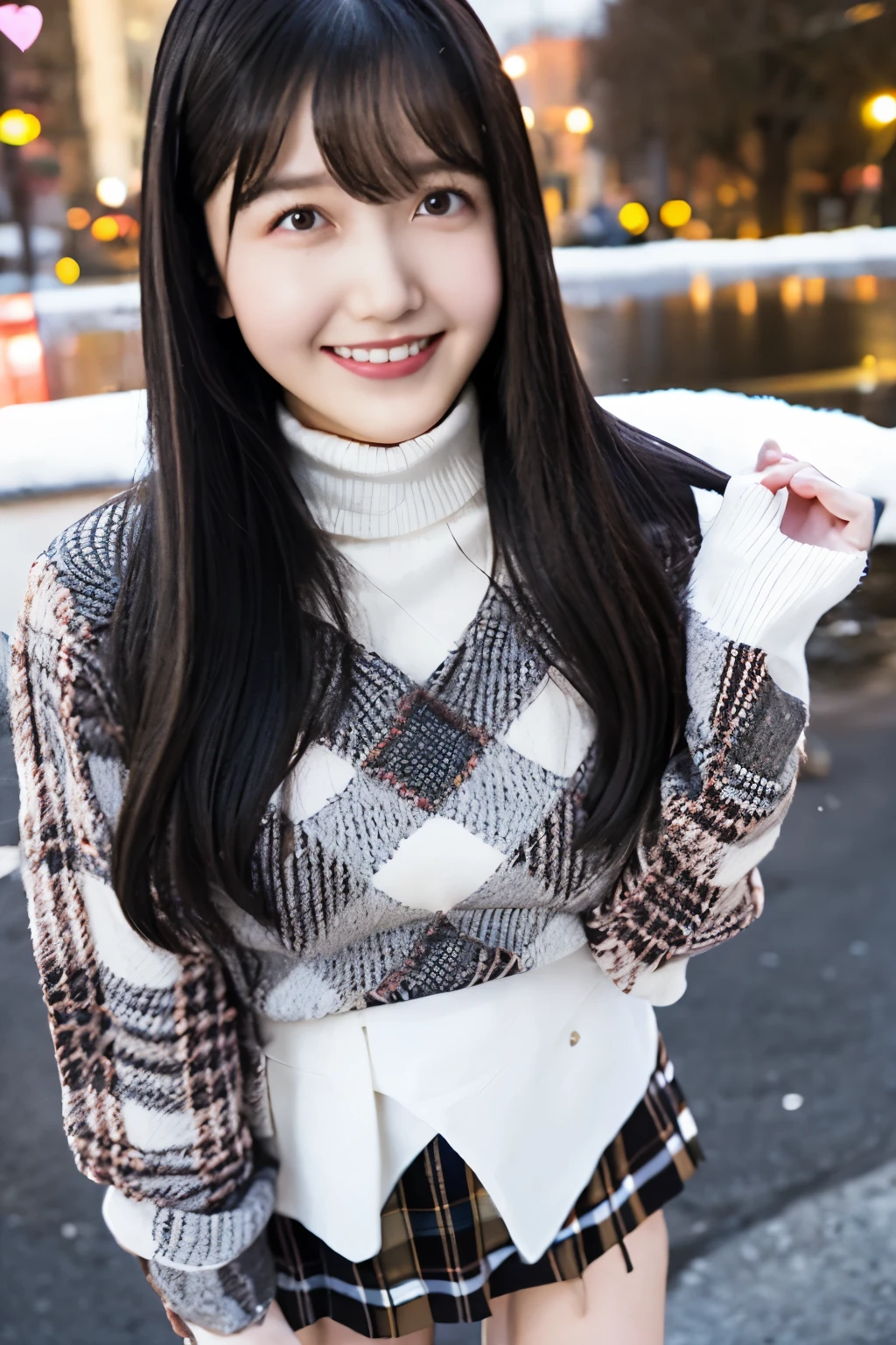 black hair、 straight hair、 with bangs、smile、Beautiful breasts、 slim body 、 White Turtleneck Knitted Sweater、 tartan plaid tight mini skirt、 brown knee-high boots、I'm here to give Valentine's Day chocolate 、In the city