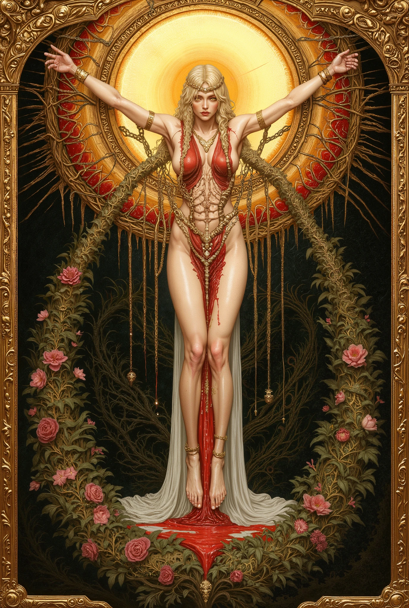 QMarika,blonde hair,1 girl,((beautiful goddess,motherly)),((chained,T pose,hang:1.5)),body horror,biomachine,(bloody),shining sun, living being, (vivid color),(colorful),(tangled:1.2),(wearing  white robe:1.2), H.R Giger style,Gustav Klimt  Style,
Granulated,blood vessels,red liquid,red,gold,ritual,Abundance,
16k,detailed image,　　　by gustavklimt,creature,biomechanical style