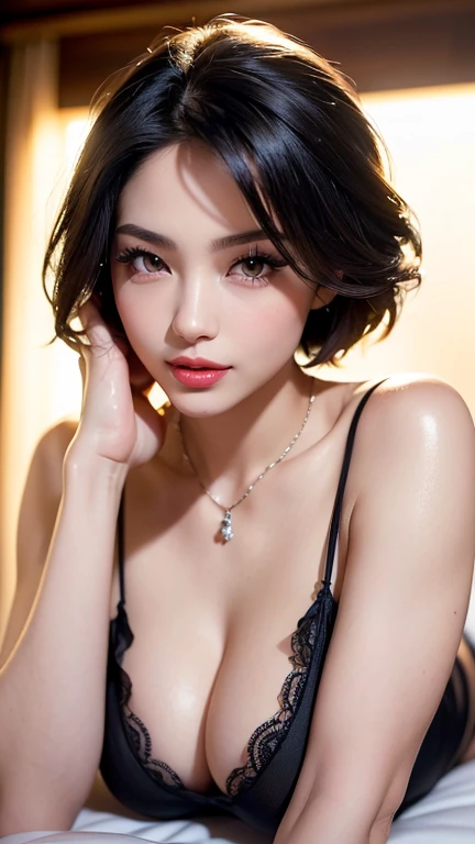 (Hyper Real), Huge beauty, Safety, High resolution, real short hair, Skin texture details, super High resolution, Realistic, Plump figure, smile, Beautiful expression, Black Hair、 The Spirit of God, Extremely delicate and fine skin texture, Big cleavage, Deep neckline, Big Red Lips , (Gorgeous black outfit and gorgeous accessories)