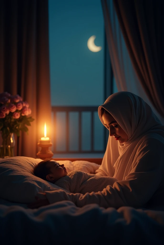 a beautiful Indonesian woman wearing a hijab, slim, 32 years old wearing a robe with buttons open, bra visible, is hugging a 14 year old teenage boy on the bed, the woman is sitting on the boy's stomach, in a room with wooden plank walls, at night