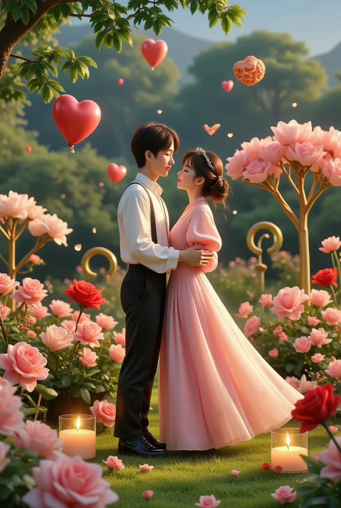Share a romantic dance , Valentine's Day,一对情侣在迷人的garden中心跳浪漫的舞蹈. The scene is illuminated by floating candles and lanterns , projects a warm , Gently. garden , From the delicate petals of the flower to the verdant leaves , The intricate details are presented in amazing 8K resolution . The couple, Indulge in your arms , Exudes deep love and connection . The atmosphere is full of fantastic magic , The surroundings are highlighted by soft light and serene beauty .