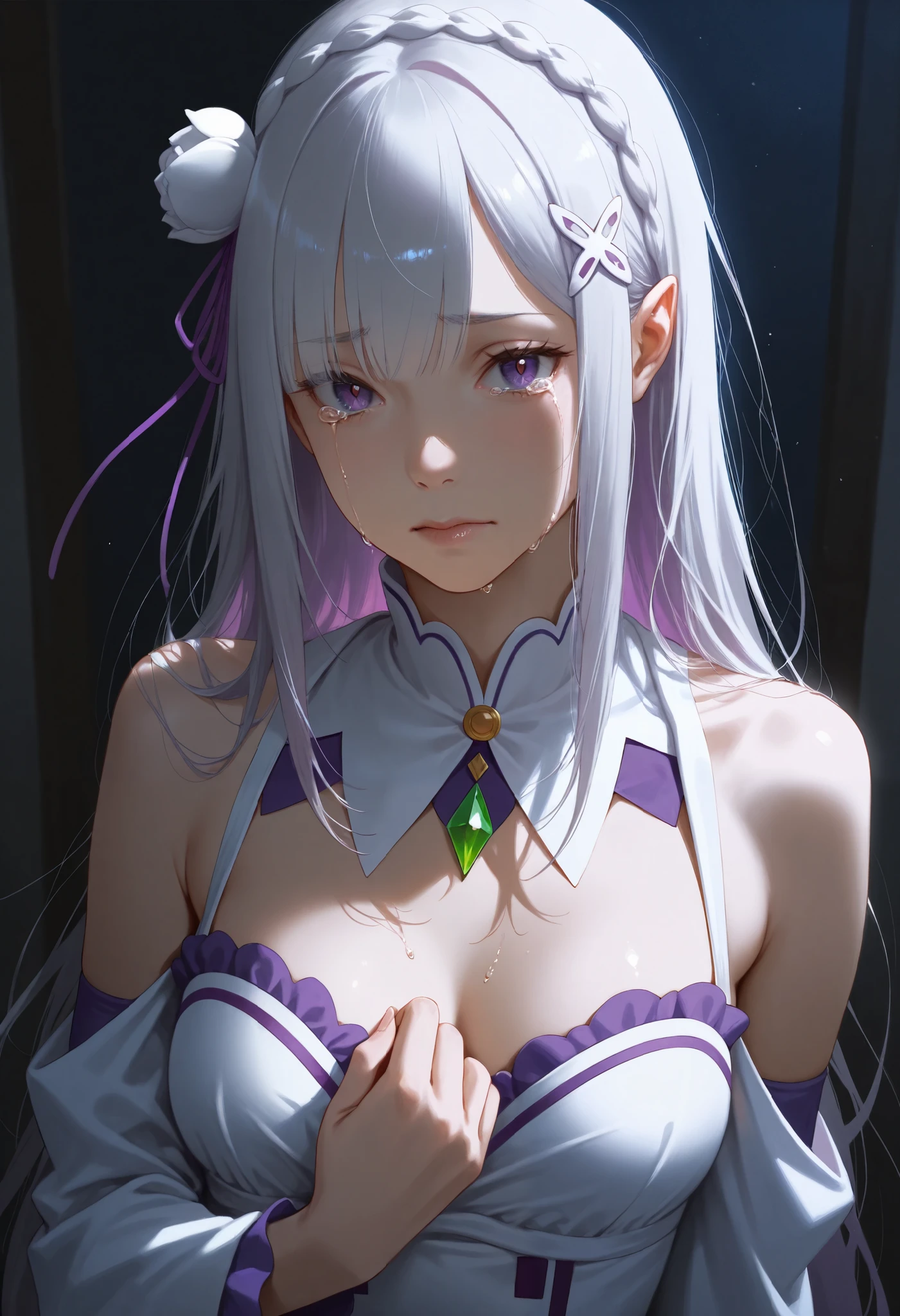 best_quality, masterpiece, newest, year 2024, year 2023, very aesthetic, absurdres, impactful picture, offcial art, movie perspective, (aos:0.5), (fajyobore:0.5), (chiaroscuro:0.5), dark, emilia_(re:zero), re:zero_kara_hajimeru_isekai_seikatsu,1girl, solo, purple_eyes, x_hair_ornament, tears, wiping_tears, close one eye, hand on chest,