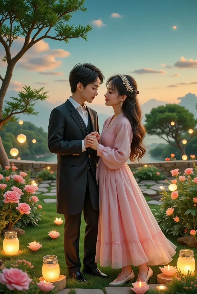  Share a romantic dance  ,  Valentine&#39;s Day，一对情侣在迷人的garden中心跳浪漫的舞蹈.    The scene is illuminated by floating candles and lanterns   ,   projects a warm   ,  Gently.  garden ,    From the delicate petals of the flower to the verdant leaves   ,    The intricate details are presented in amazing 8K resolution   . The couple,  Indulge in your arms   ,    Exudes deep love and connection   .    The atmosphere is full of fantastic magic   ,    The surroundings are highlighted by soft light and serene beauty .
