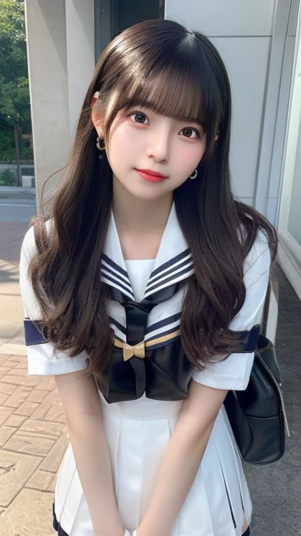 （8K，best qualtiy，tmasterpiece：1.2），（realisticlying，realisticlying，photo-realistic：1.37），Hyper-detailing，Beautiful detail eyes，Beautiful detail nose，（（（White sailor suit short sleeves））），Short black pleated skirt，Perspective from above，‎Classroom，blackboards，Sit in a chair，（（（Open-mouthed））），（（（teeth）））