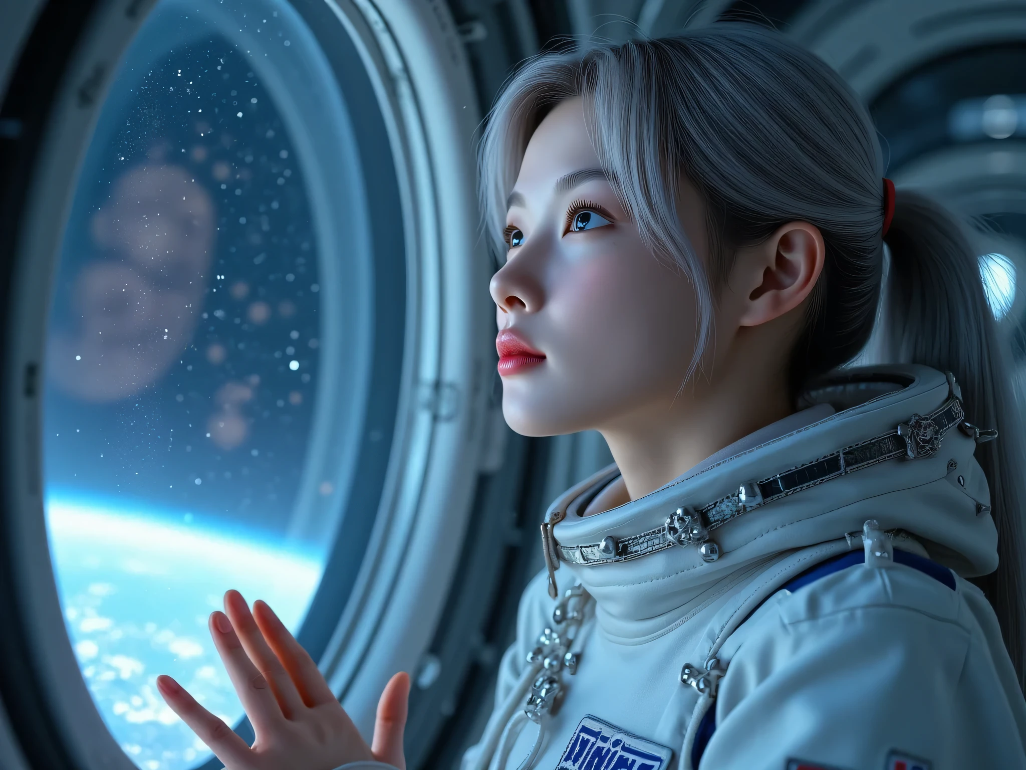 (Close-up of a better masterpiece ,Space and astronauts, Messy silver hair, blue eyes ,wearing Space Helmet(Colored stars in the eyes:1.0) (A radiant glow:1.1) (thick lips:0.9) portrait of a female astronaut gazing longingly out the window of a sleek, metallic space station. , her slender fingers grasping the edge of the transparent panel that frames her view. The uniform she wears is immaculately pressed, with intricate silver accents that catch the light as the stars twinkle beyond.