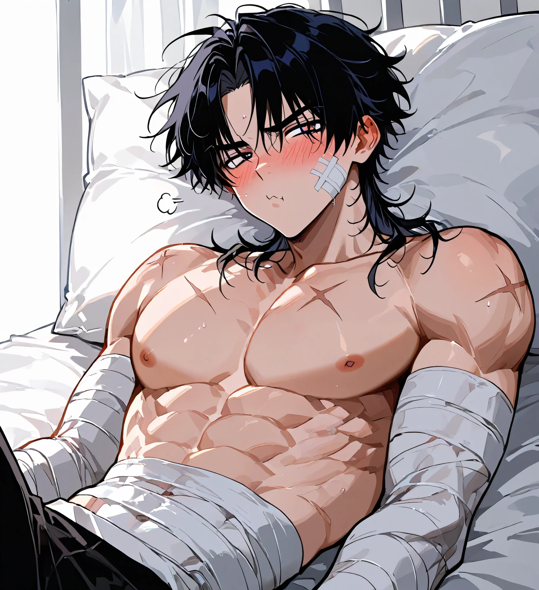 1boy, lying on bed, bandaged, pouty face, shirtless, muscular, blush, scarred body