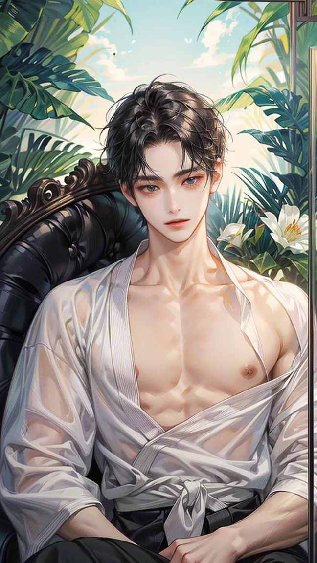 1boy,10 talents、(Man's :2) ,Handsome boy,A dark-haired、tattooed、(Upper body naked:1.5)、katanas,arms folded、bath robe、Japanese garden、ink and watercolor painting、Chinese charactersa、dark ilumination、hightquality、masutepiece,8K,NSFW,