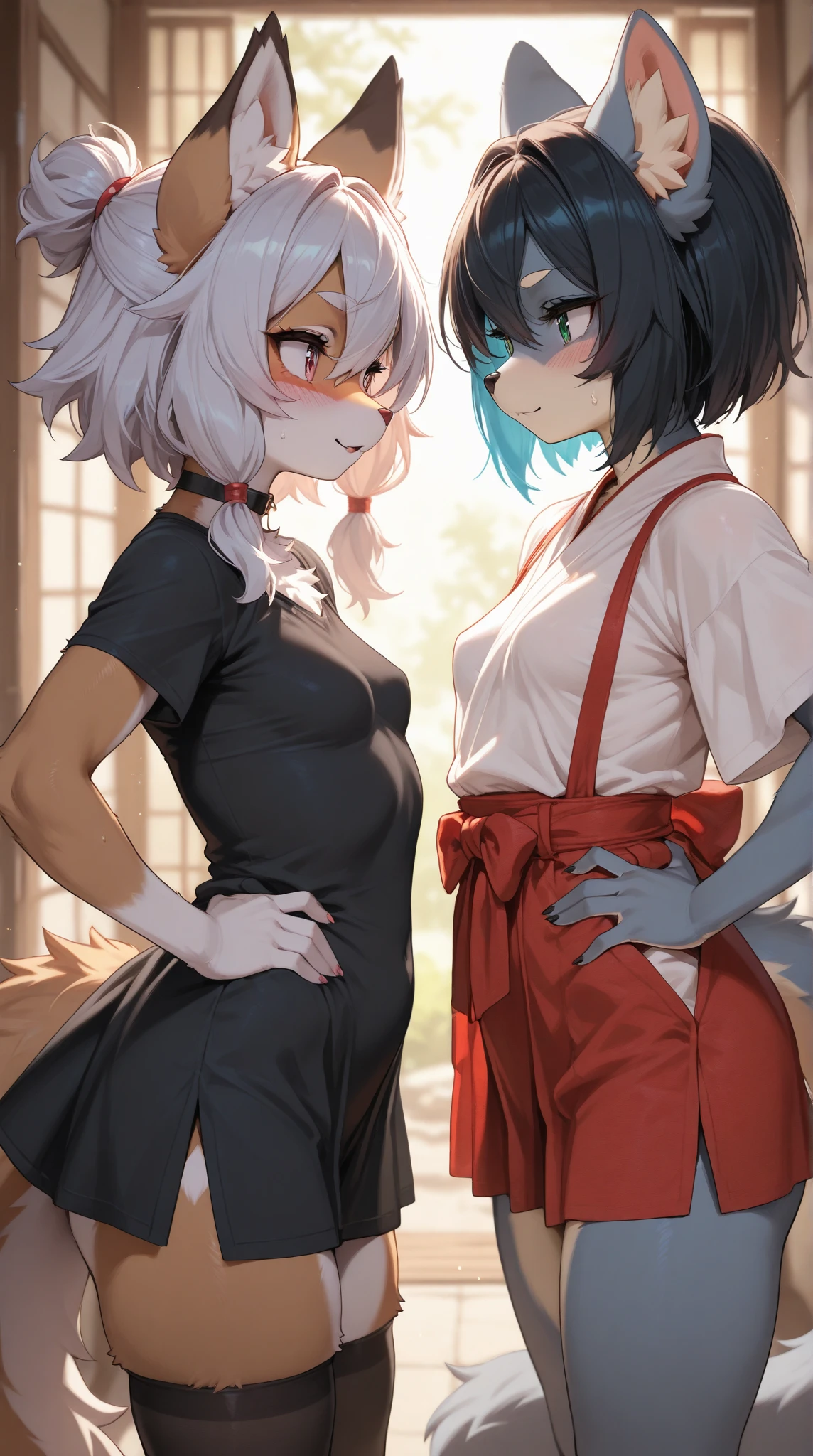 <lora:niji_khajit_3:1.0> (niji_khajit:1.0), animal hands, tail, (khajiit:1.0), furry, 2girls, ?, blush, bow, bowtie, cat, hair ribbon, highres, long hair, long sleeves, mole, multiple girls, necktie, ponytail, ribbon, ryon 1925, simple background, sweater, violet eyes, white background, white hair, yuri
