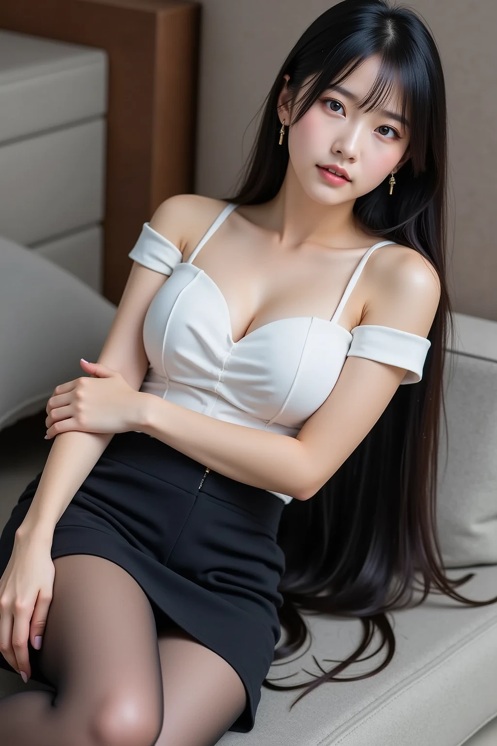 Beautiful woman with perfect body:1.4,Layered Hairstyle,Prominent cleavage,Highly detailed face and skin textures,Double eyelids,Skin Whitening,Long hair,Whitened long legs,(Skinny black T-shirt,miniskirt)