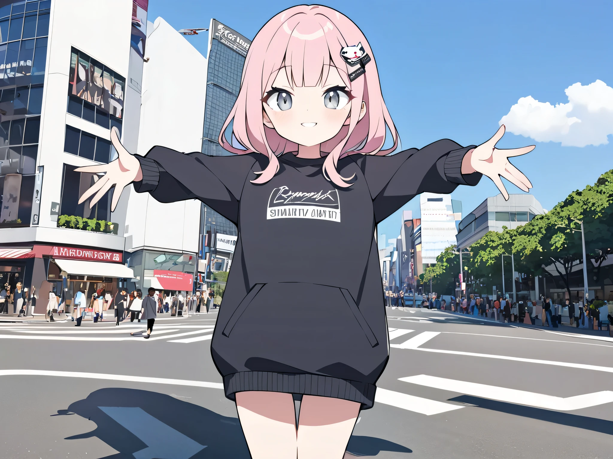 photo background, anime、anime調、デジタルanimeアート、 flat design ,( Masterpiece:1.2)、 high quality、 high resolution、 very detailed、( surprisingly absurd:1.2)、pink hair,shibuya city back ground, look back、((black knee length sweatshirt ))、 black long knee high socks、 white English letters on sweatshirt 、 pose with outstretched arms、 bright smile、 hair ornament、 shortcut、 gray eyes、１８age、bangs、Fair skin、hands in my pocket