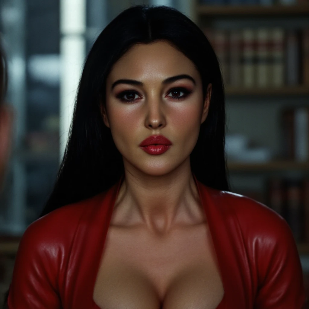Jeune femme, Espagnol, longs cheveux noirs, visage très réaliste, porter des lunettes. elle sourit. elle porte une belle robe rouge.