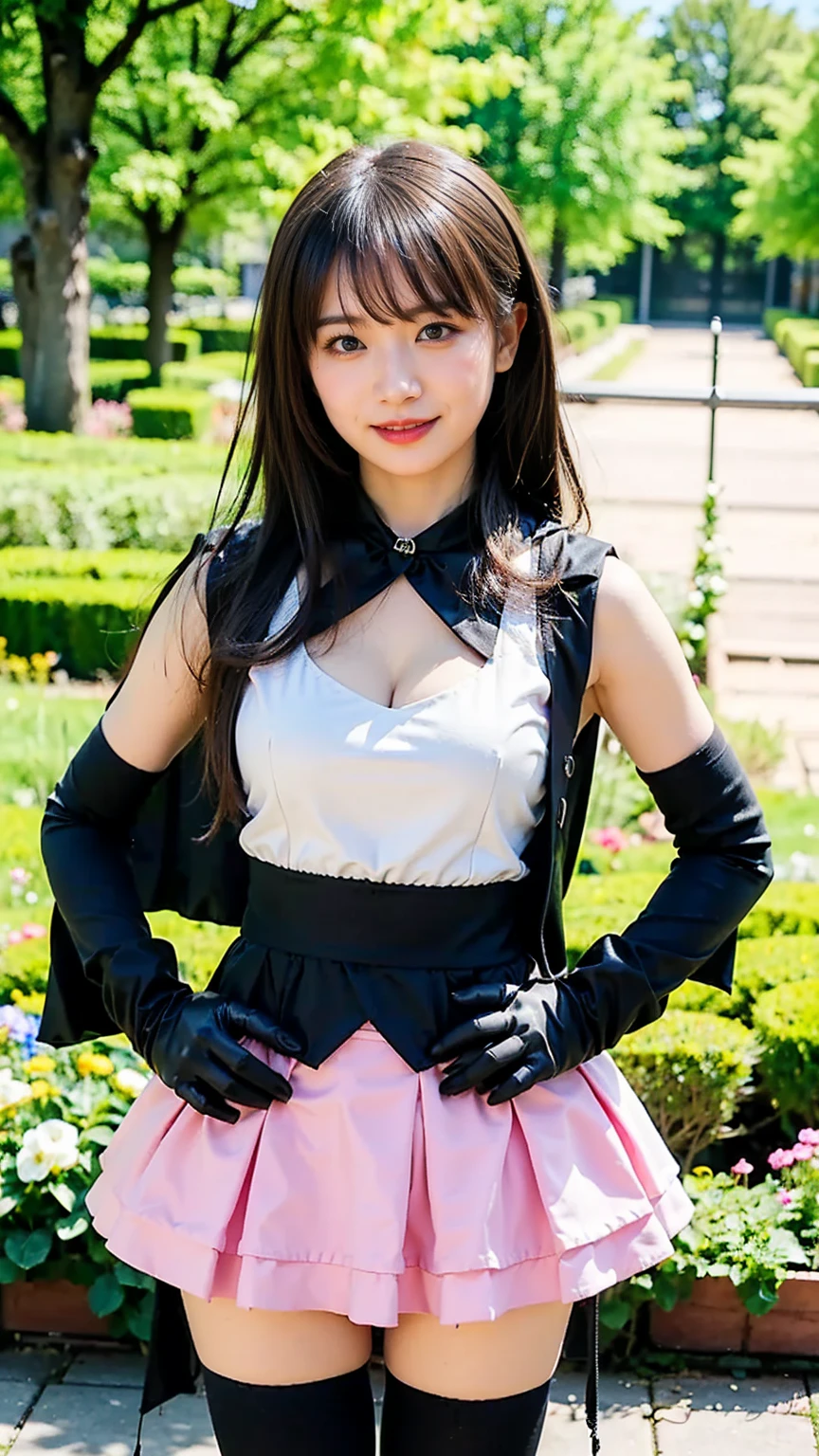 best quality, ultra high res, (photorealistic:1.4), 1girl, large breasts, black silk stockings,(((necklace))), lace-up boots,blazer, button T-shirt, black miniskirt, high heels, looking at viewer, smiling, makeup, sunlight, beside a door