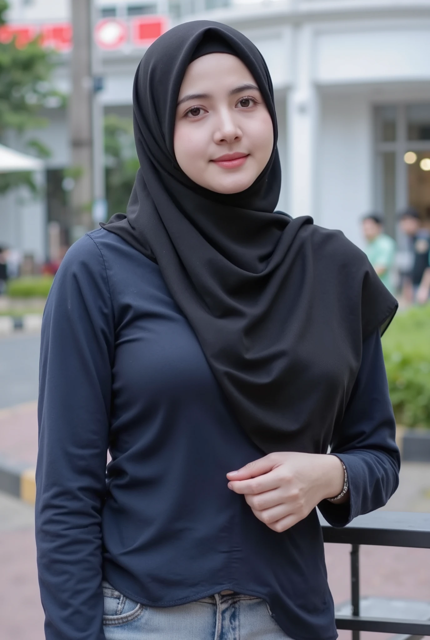 (Masterpiece: 1.2, Best Quality), Realistic, (Realistic Picture, Complex Details, Depth of Field), Best Quality, Masterpiece, Highly Detailed, Realistic, 1 adult girl, indonesian wife, 23 Years Old, , chest forward, huge breasts, thin lips, beautiful and seductive, sexy body, wearing a black Muslim hijab modern stylish, wearing navy shirt casual, the town square background, standing, many couples dating, full body view, look at viewer, full photo.