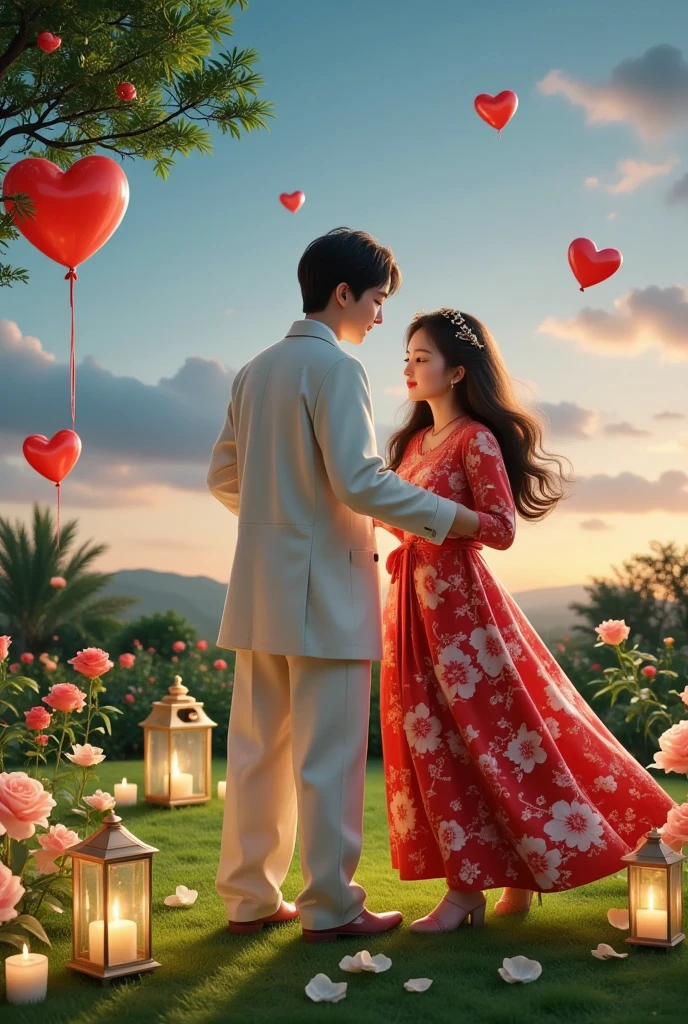   Share a romantic dance  ,  Valentine&#39;s Day，一对情侣在迷人的garden中心跳浪漫的舞蹈.    The scene is illuminated by floating candles and lanterns   ,   projects a warm   ,  Gently.  garden ,    From the delicate petals of the flower to the verdant leaves   ,    The intricate details are presented in amazing 8K resolution   . The couple,  Indulge in your arms   ,    Exudes deep love and connection   .    The atmosphere is full of fantastic magic   ,    The surroundings are highlighted by soft light and serene beauty .