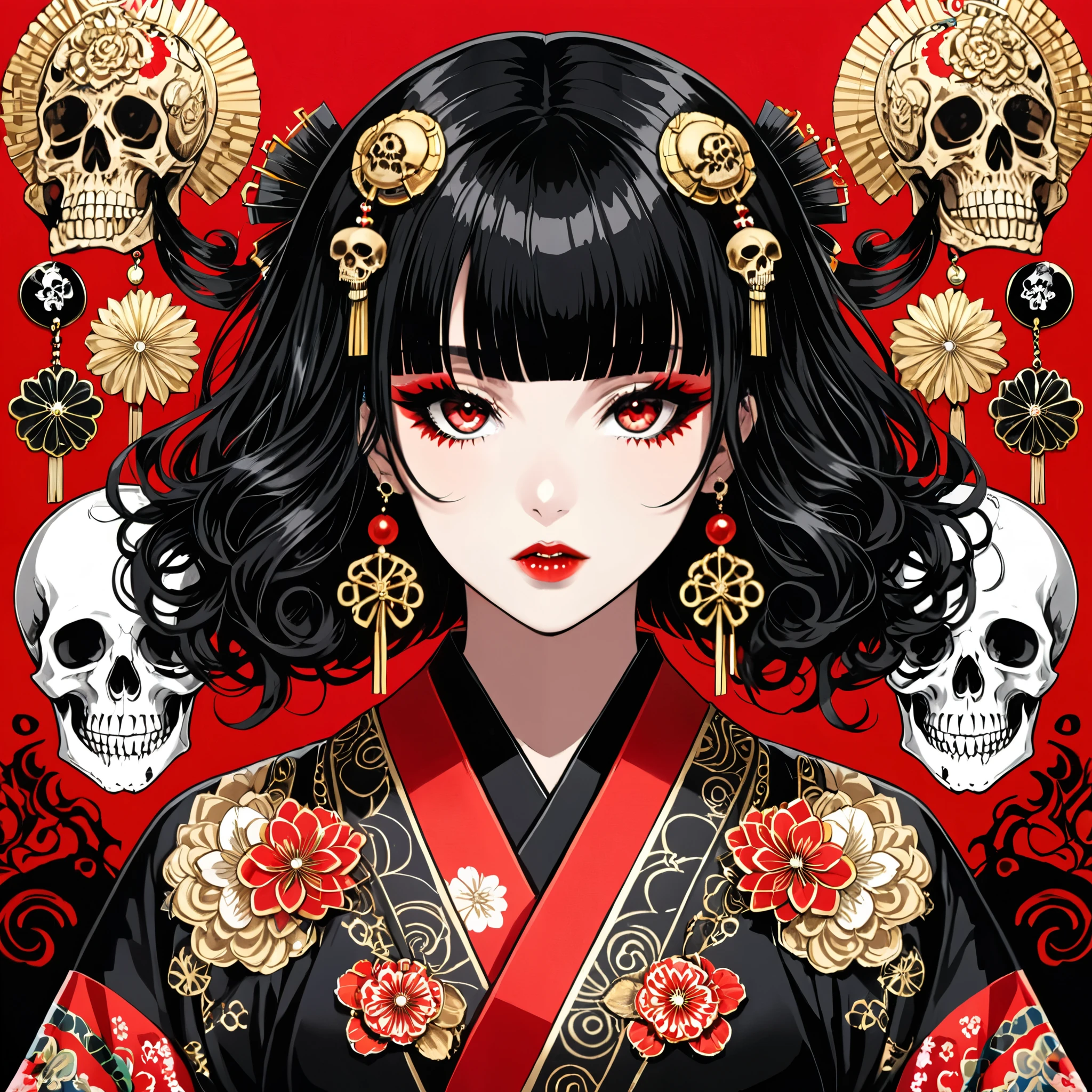 in style of Gary Grayson,in style of Aleksi Briclot,
1girl,japanese kimono,looking at viewer,black coiled hair,skull hair decoration,death gothic,red eyes,(head_tilt:1.4),(insanely detailed and intricate, hypermaximalist, elegant, ornate, hyper realistic, super detailed),(bangs_pinned_back:1.5),The devil laughs