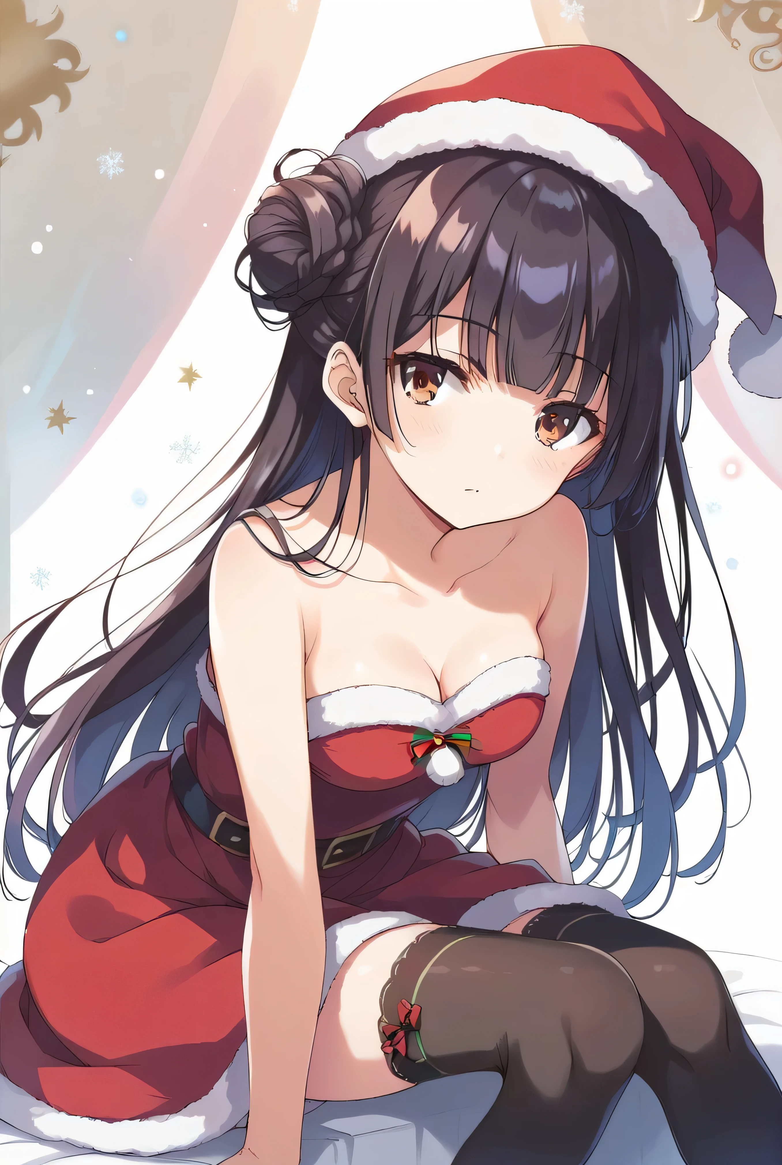 Landscape mode, (wearing cute red christmas dress, wearing big red christmas hat, big red ribbon on the back of her hair, christmas gloves, wear long black stocking, knee high red christmas boots:1.5), picture infront of big christmas tree on a big outdoor plaza at night with starry sky and a lot of hanging christmas light, (gentle housewife, small girl, full body, depth of view, petite and short figure girl, cute and little girl, perfect woman, medium cleavage, mature aura:1.2), (masterpiece, best quality, HD Pictures, 4K:1.1), outdoor, very long hair, bangs, gentle look, gentle smile, gentle eyes, mature looking, pinkish cheeks, very detailed eyes, very detailed pupils, very detailed ridiculously long black hair, detailed face, detailed ruby red eyes, full body, look up to viewer, detailed long black hair, (happy gentle face, warm smile, blushing red cheeks, hands reaching towards viewer:1.3)