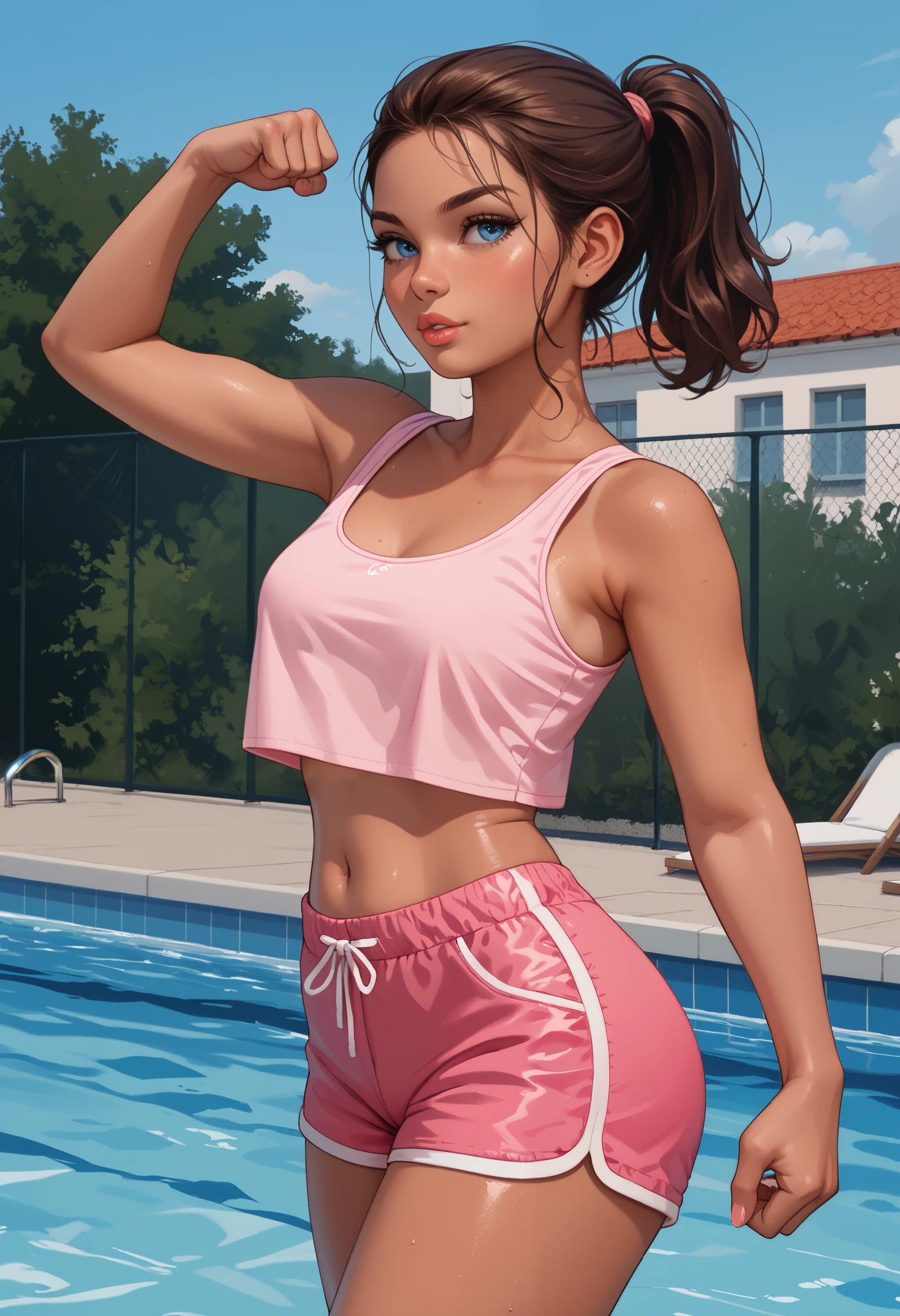 Dominic, rathing_questionable , brunette tanned, thick eyelashed, nice eyebrowed, plastic lips, brown ponytail,  blue eyes, thick legged, plastic breasted ,Walking along the edge of the hotel rooftop swimming pool.  (Cropped swim tank top) (pink swim shorts) ,((Medium bust:0.6)) , ((very thin:0.8)) gaunt , strong  (look at arm) 6 pack muscle  (Flat chest:0.2) Medium ass , sexy pose (flexing arm)
