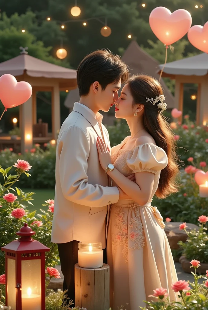 Share a romantic dance , Valentine's Day,一对情侣在迷人的garden中心跳浪漫的舞蹈. The scene is illuminated by floating candles and lanterns , projects a warm , Gently. garden , From the delicate petals of the flower to the verdant leaves , The intricate details are presented in amazing 8K resolution . The couple, Indulge in your arms , Exudes deep love and connection . The atmosphere is full of fantastic magic , The surroundings are highlighted by soft light and serene beauty .