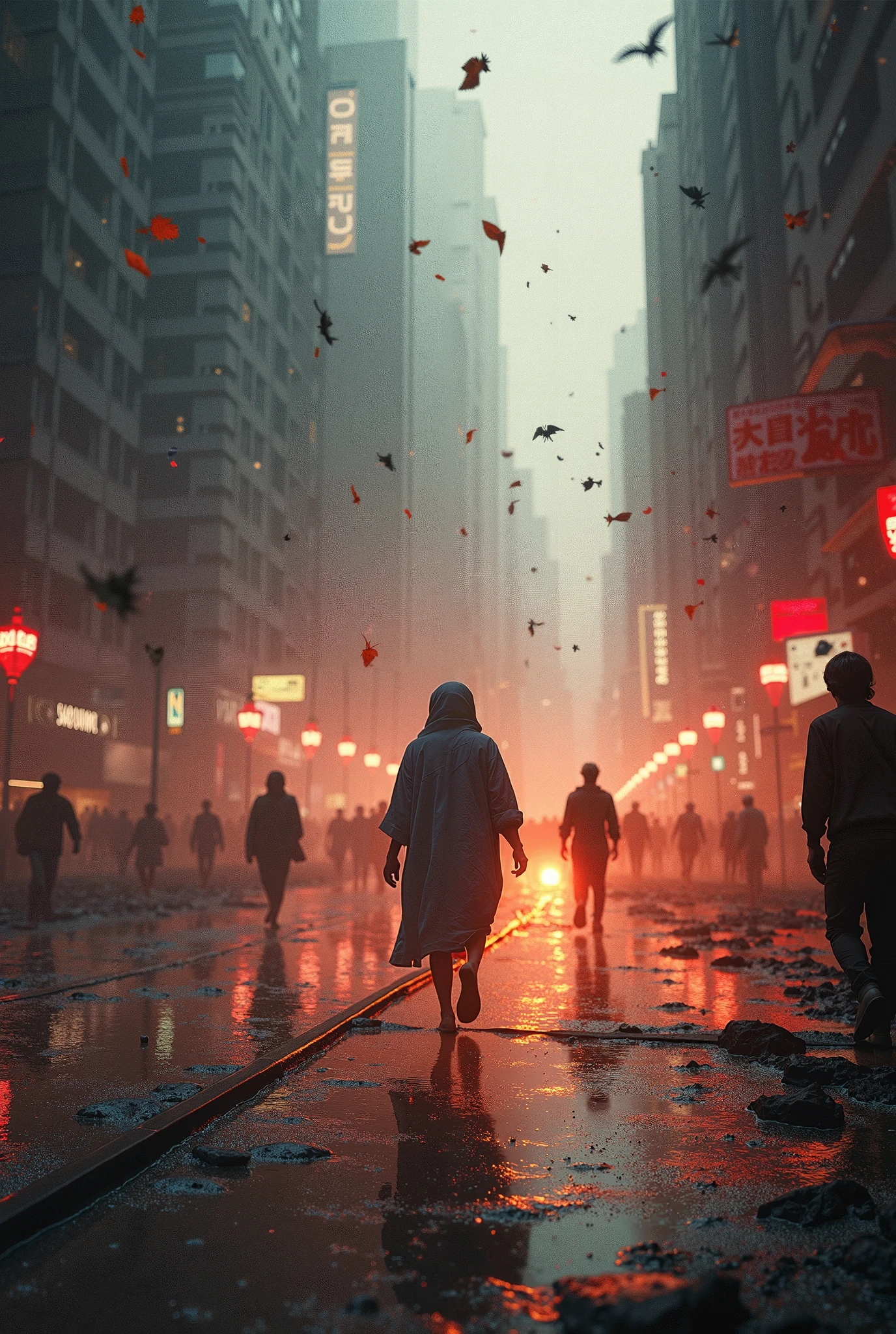 People walking down a city street in the rain at night - SeaArt AI