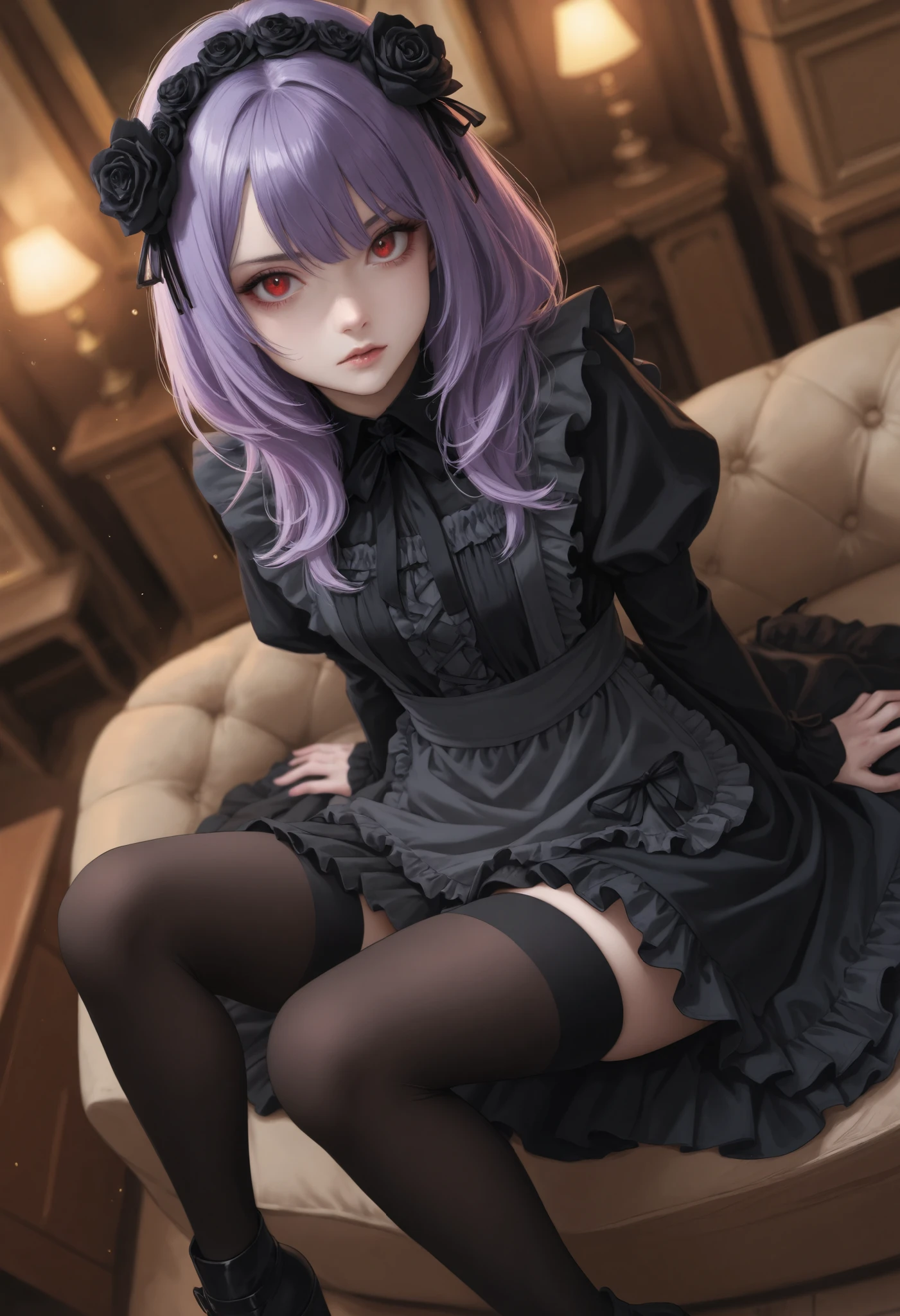 masterpiece,best quality,amazing quality,very aesthetic,absurdres,newest,extreme aesthetic,in the style of fashion photography,light particles,Visual impact,sharp focus,Emotionalization,impactful picture,depth of field,dutch angle,dynamic pose,1girl,solo,sitting,purple hair,gothic,thighhighs,apron,cosplay,flower,kitagawa marin,indoors,wig,dress,looking at viewer,frills,black dress,hair flower,black footwear,rose,red eyes,from_above,